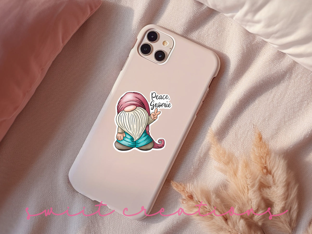 Peace Gnomie sticker on a pink phone case
