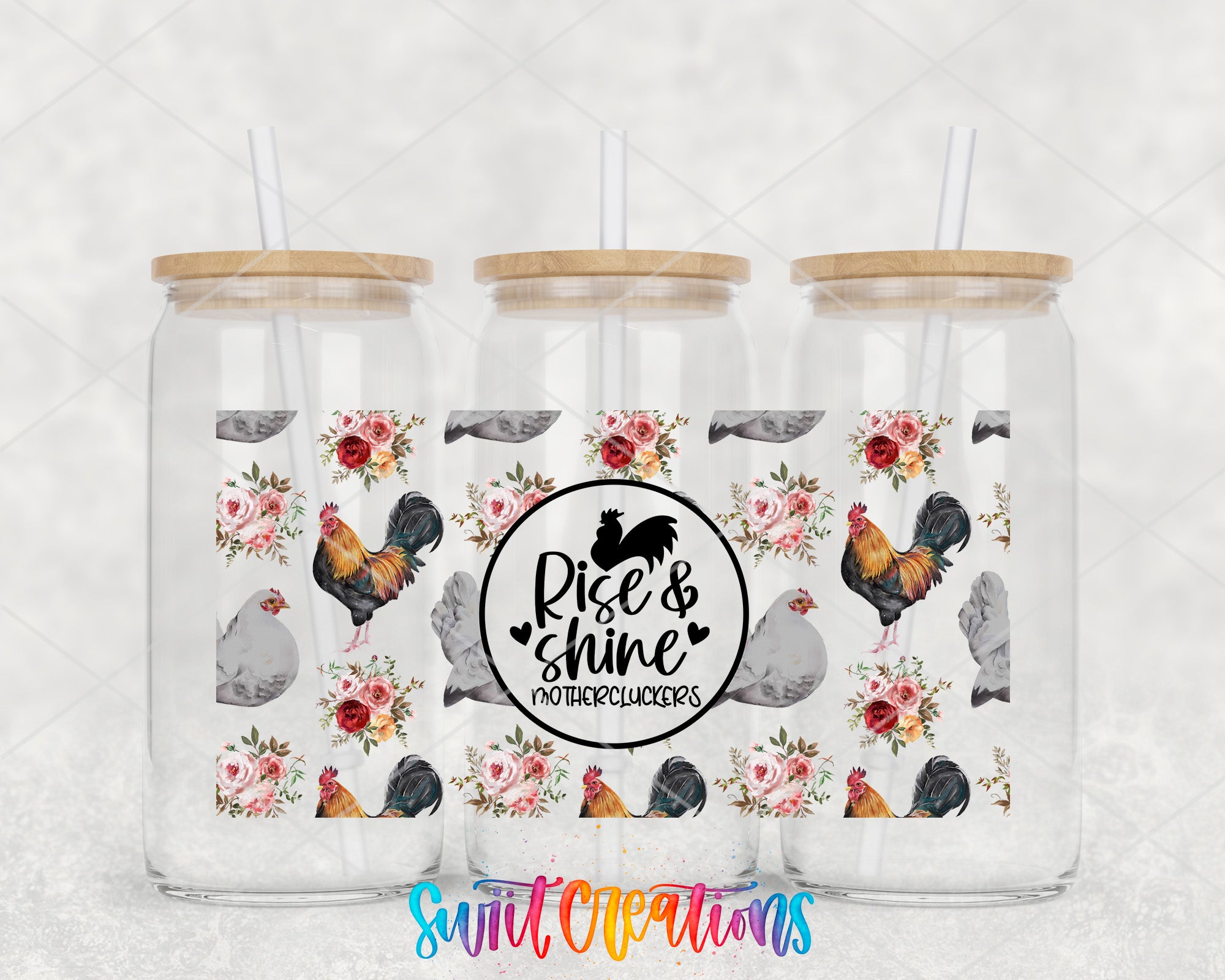 three glass jars with wooden lids, each adorned with a floral pattern and a rooster design. The jars are arranged in a row, and there is a text overlay that reads "Rise & shine for the chickens".