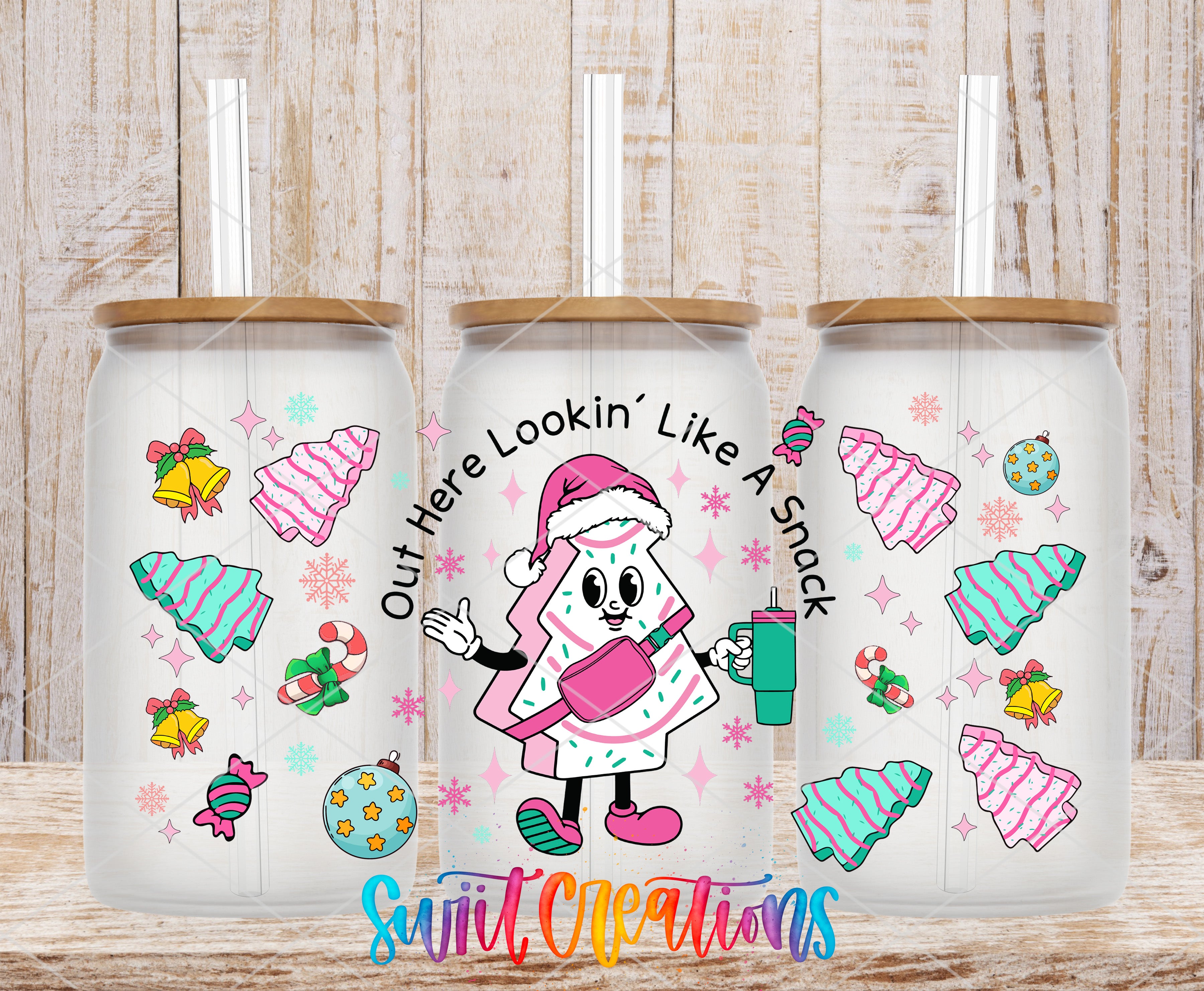 A collage of three colorful tumblers with a cartoon character design, featuring Christmas-themed decorations such as snowflakes, Christmas trees, and candy canes.