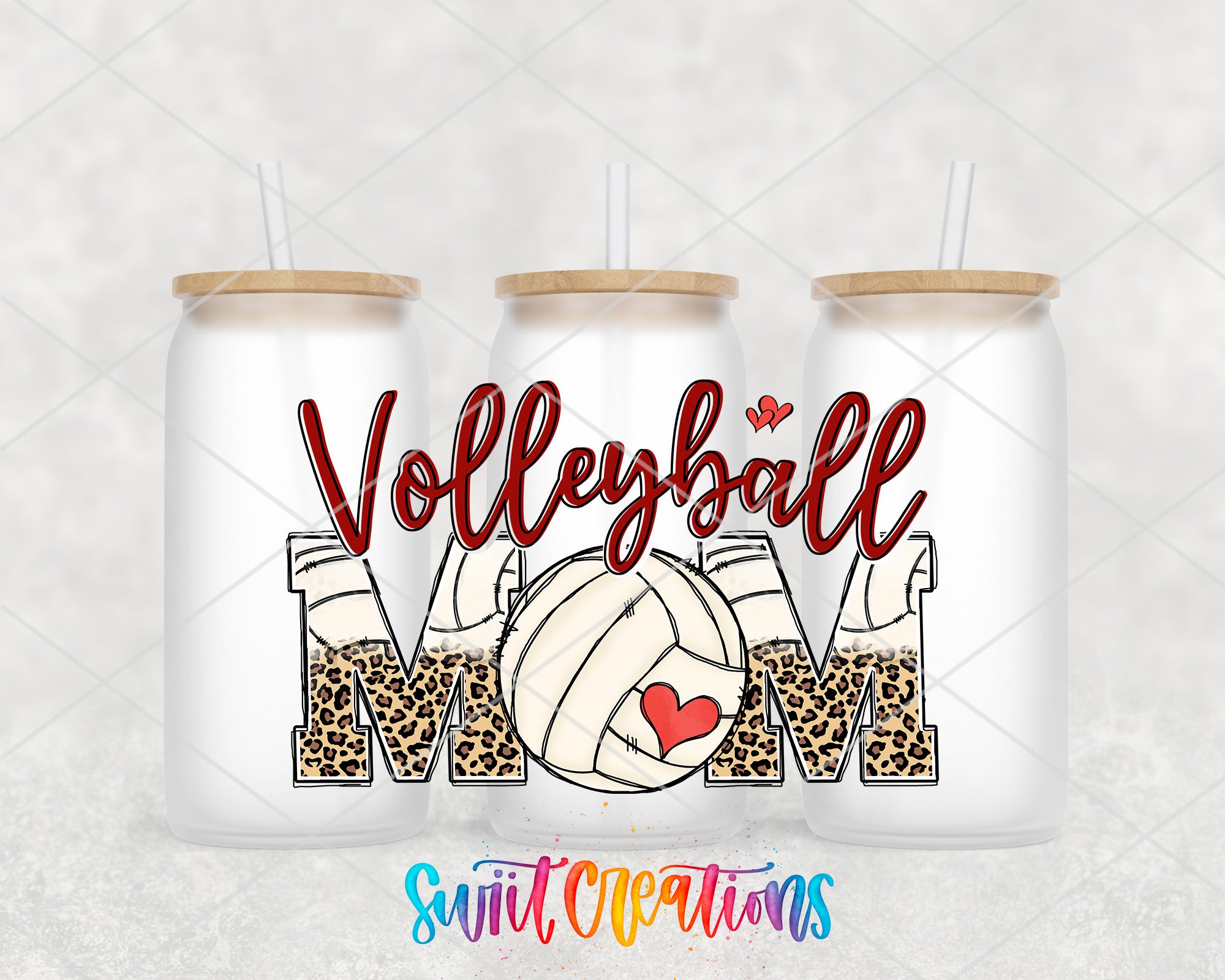 three white beverage cans with a design that says "Volleyball Mom" and includes a volleyball and a heart.