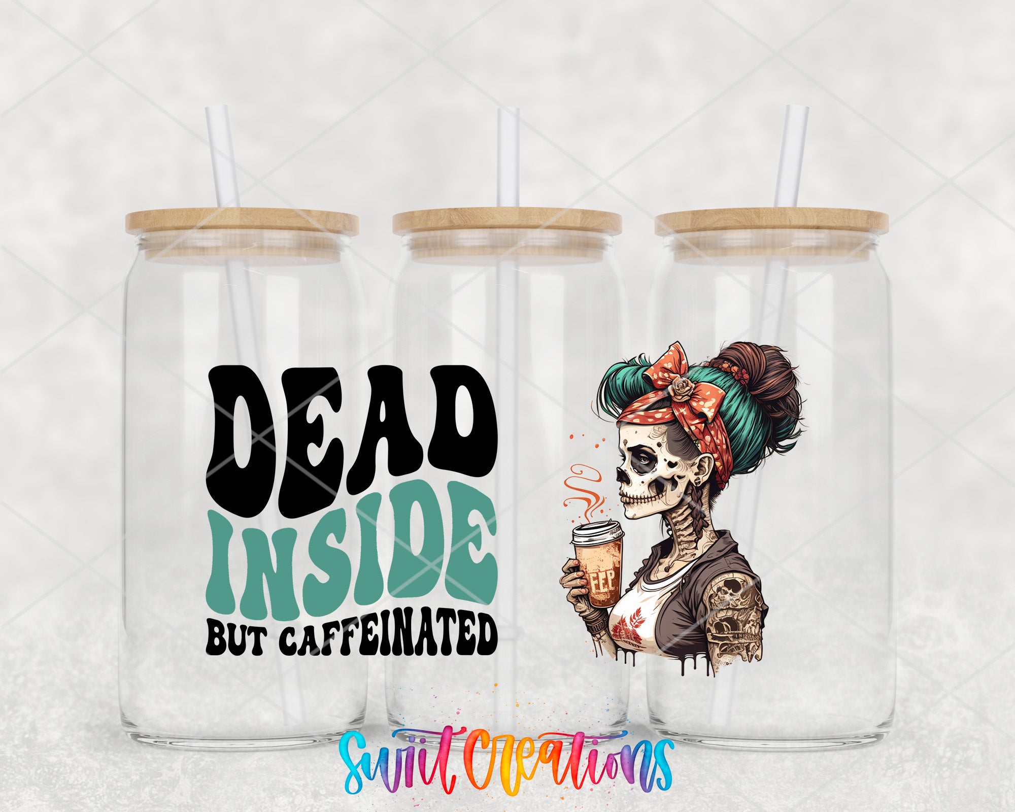 three glass jars with straws, each containing a different design. The first jar has a skull design with a red bandana, the second jar has a colorful illustration of a woman, and the third jar has a text design that reads "Dead Inside but caffeinated".
