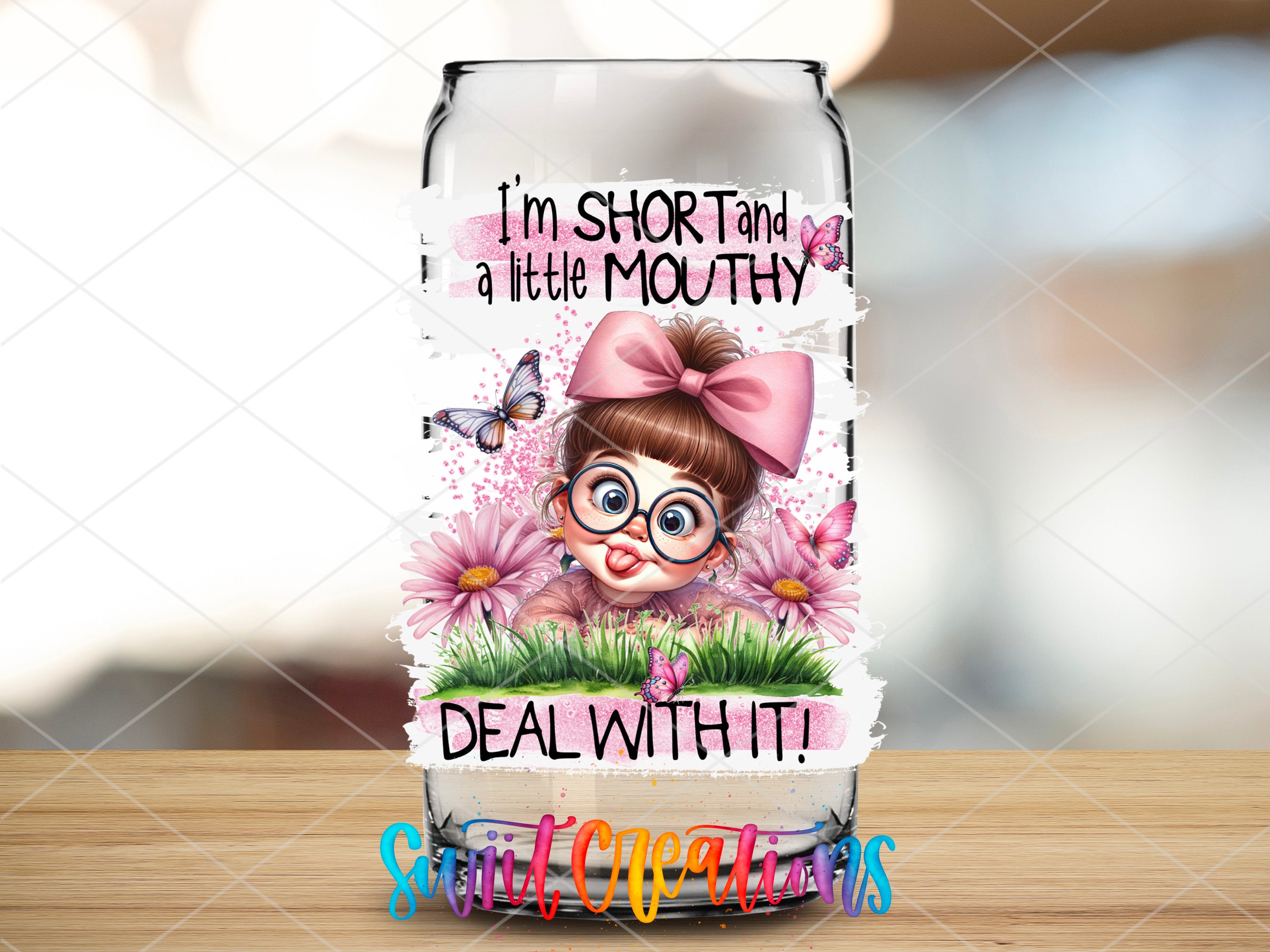 a can with a picture of a girl with glasses on it
