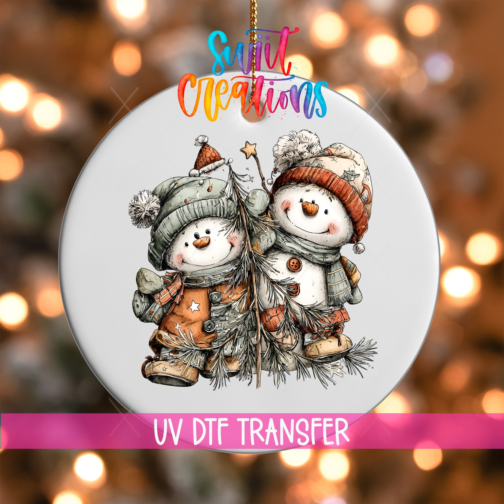 A decorative ornament featuring two snowmen, one wearing a red hat and the other a green hat, with Christmas lights in the background.