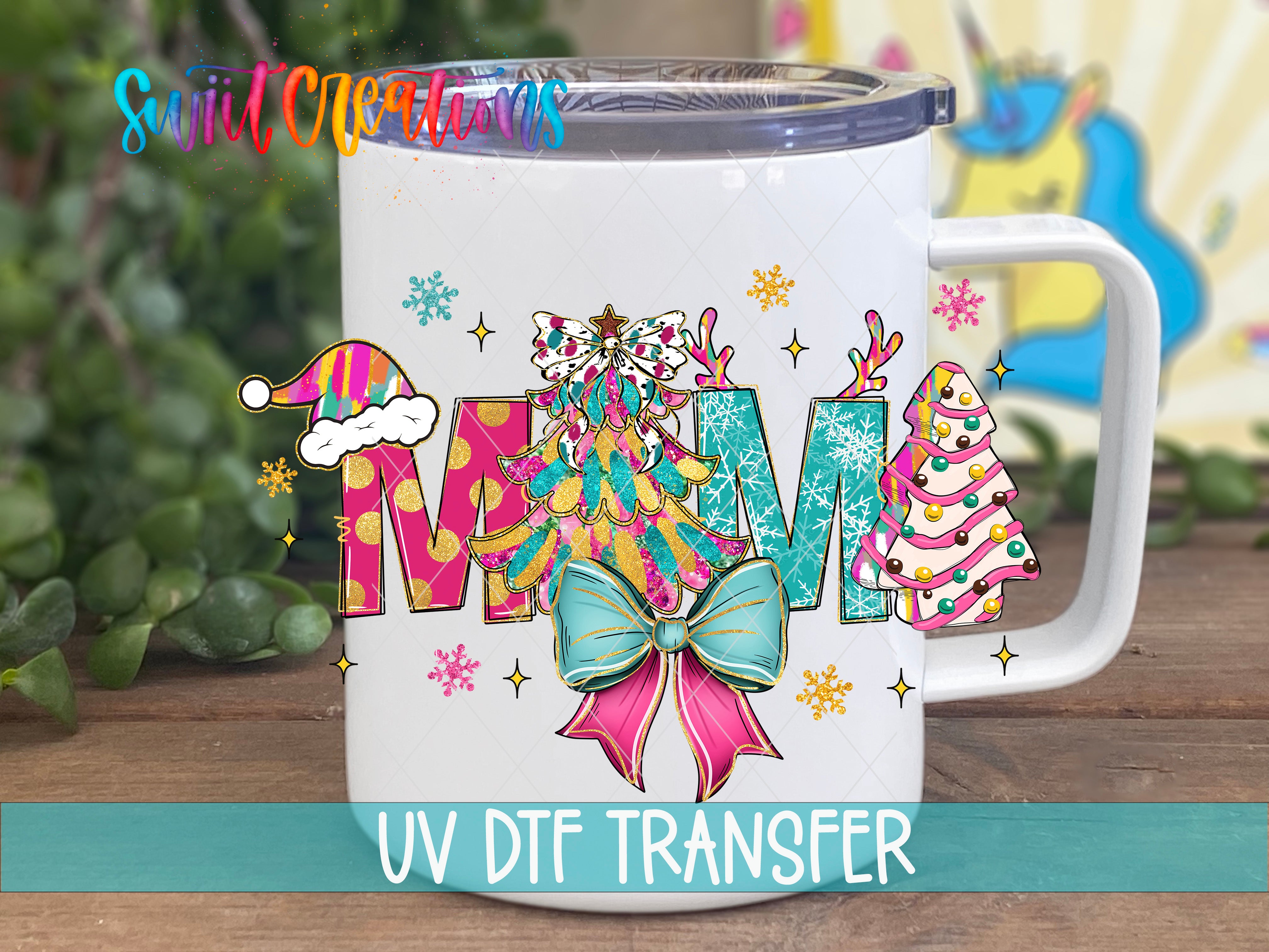 A white ceramic mug with a colorful, festive design featuring Christmas trees, snowflakes, and a Santa hat.