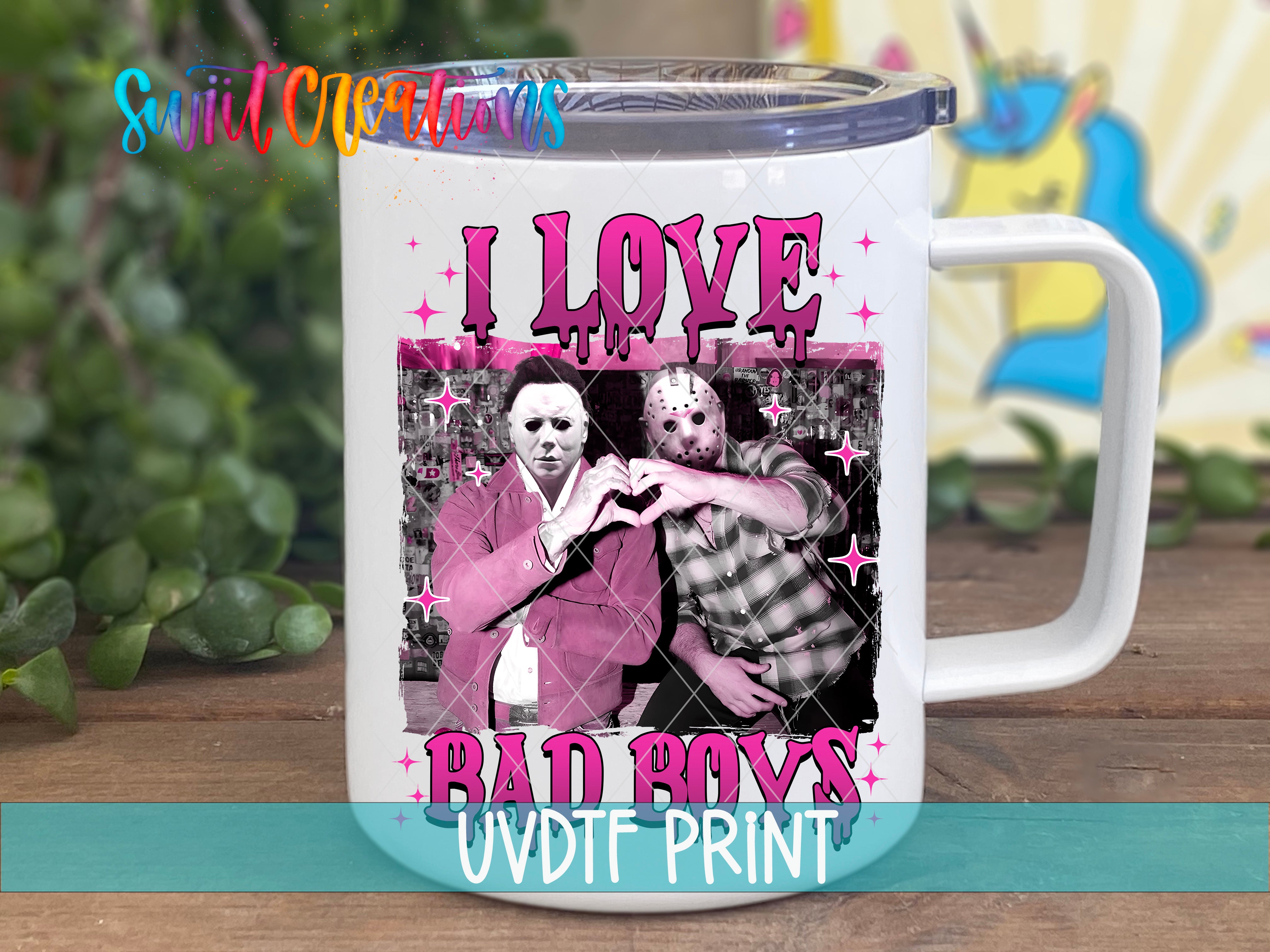 a white coffee mug with a picture of two people on it