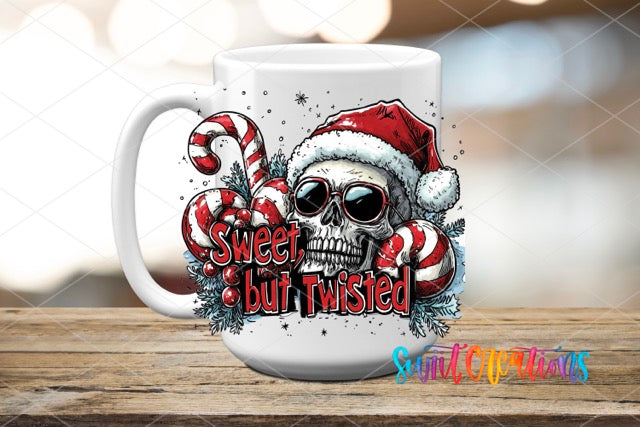 a coffee mug with a skull wearing a santa hat