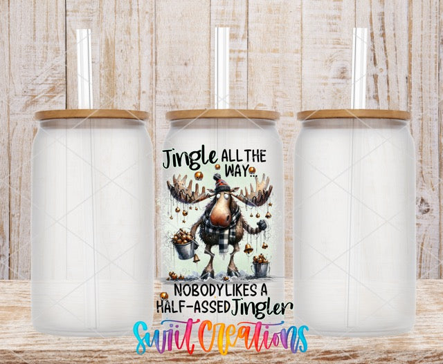 two white tumbles with a moose on them