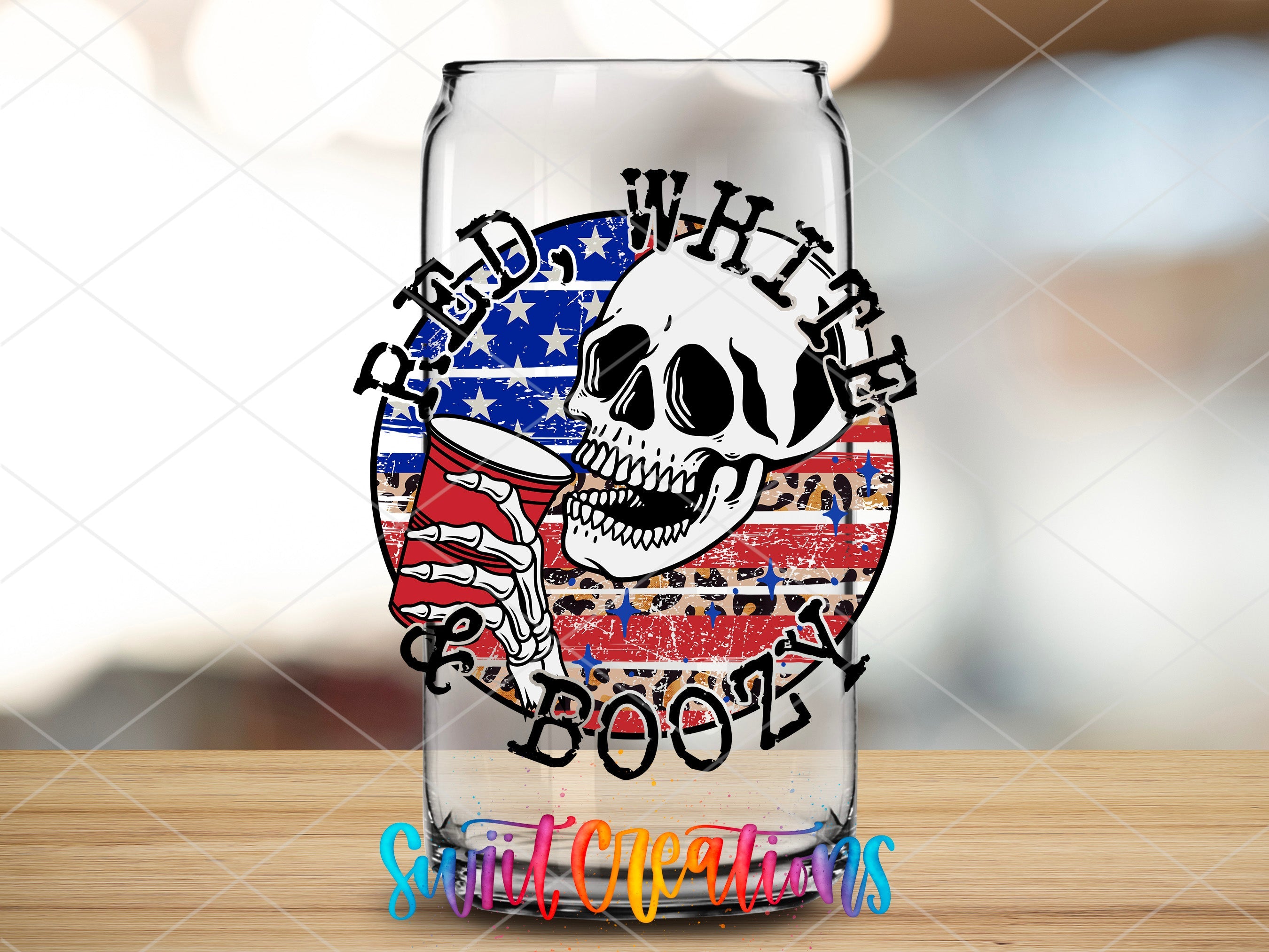 a glass with a skull and american flag on it