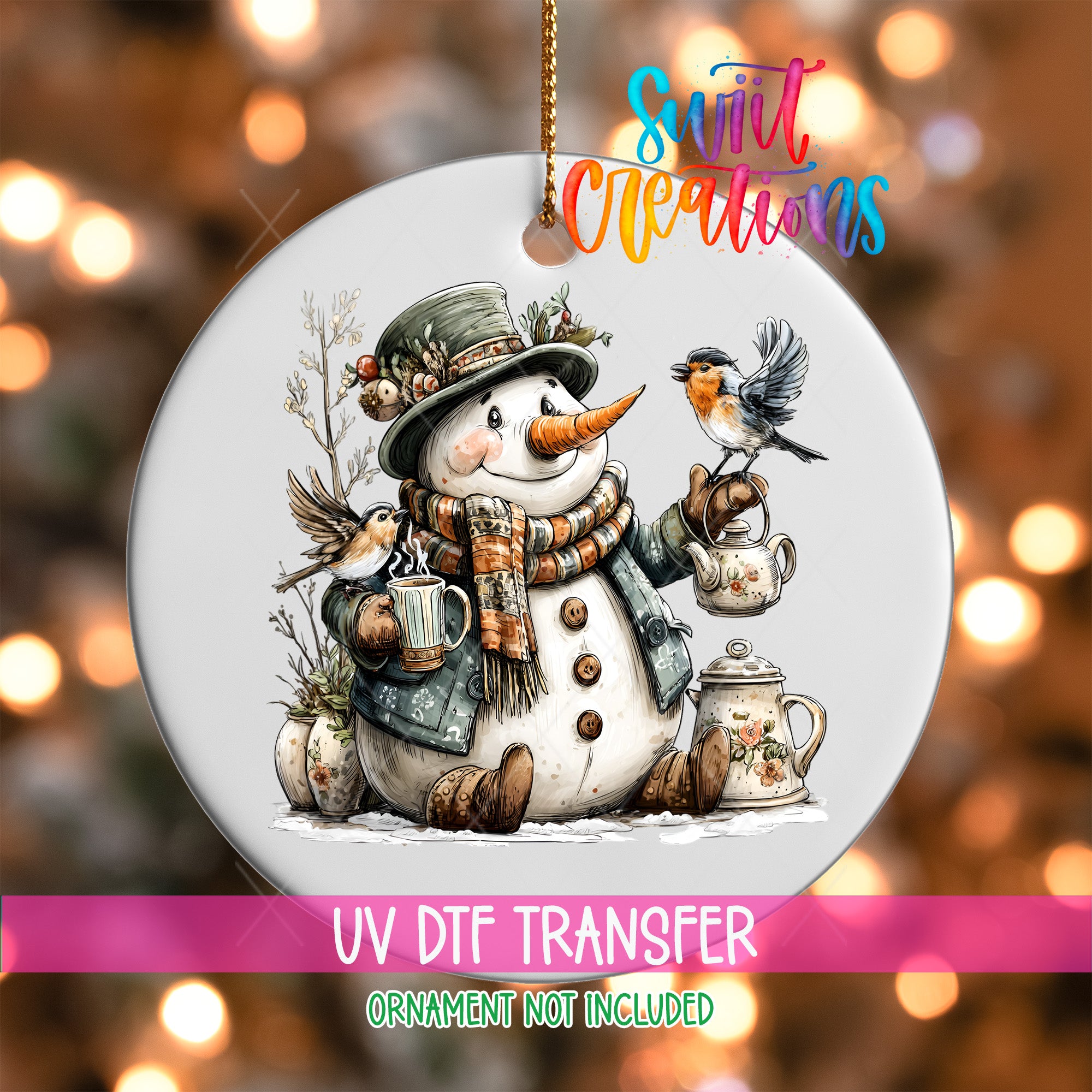 A snowman ornament with a bird perched on its shoulder, holding a cup of tea, and surrounded by various winter-themed elements.