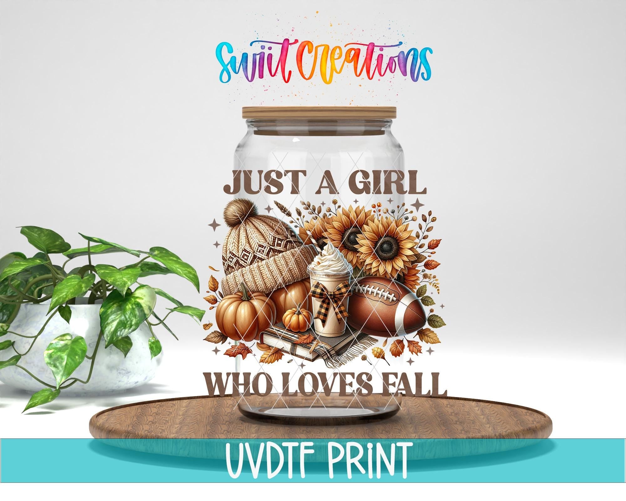 A glass jar filled with autumn-themed items, including a sunflower, pumpkin, football, and a hat, along with the text "Just a girl who loves fall" and "Swift Creations" written above it.