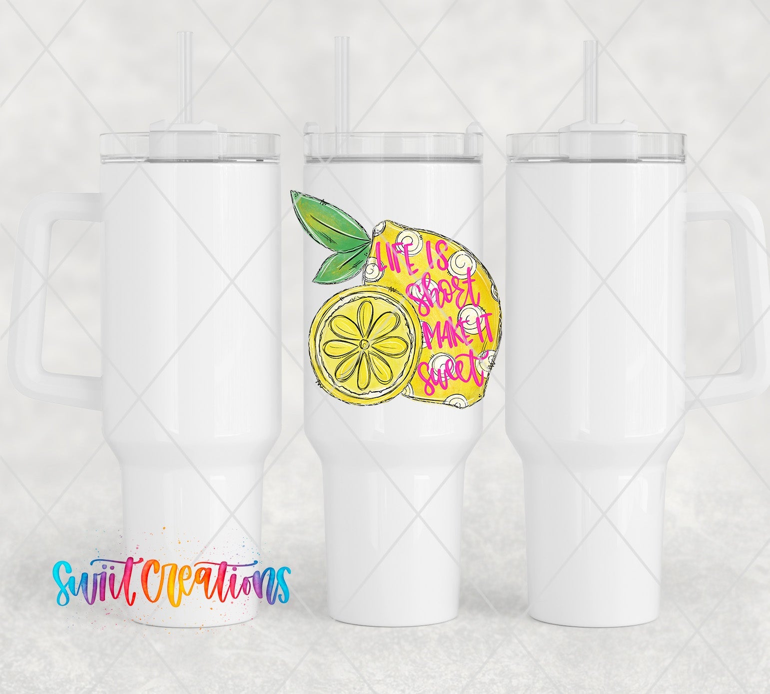 a white cup with a yellow lemon on it