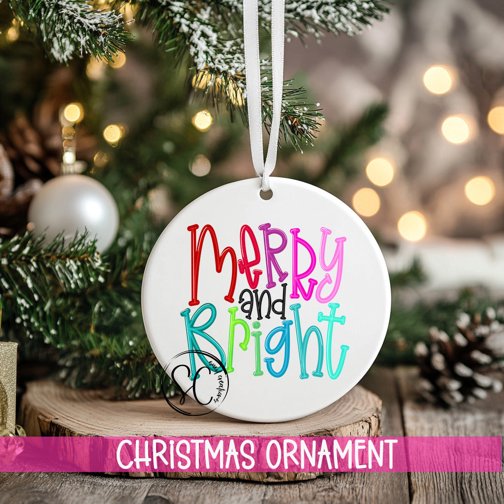 a merry and bright ornament hanging from a christmas tree
