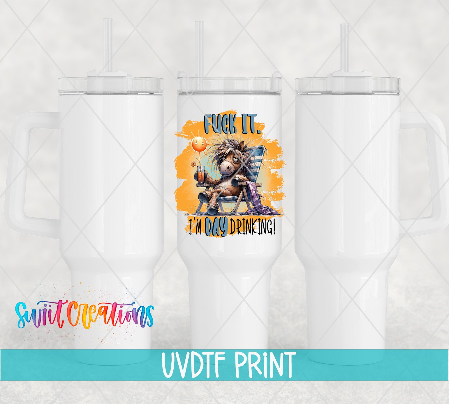 a white tumbler with a printed design on it, including a cartoon character and text.