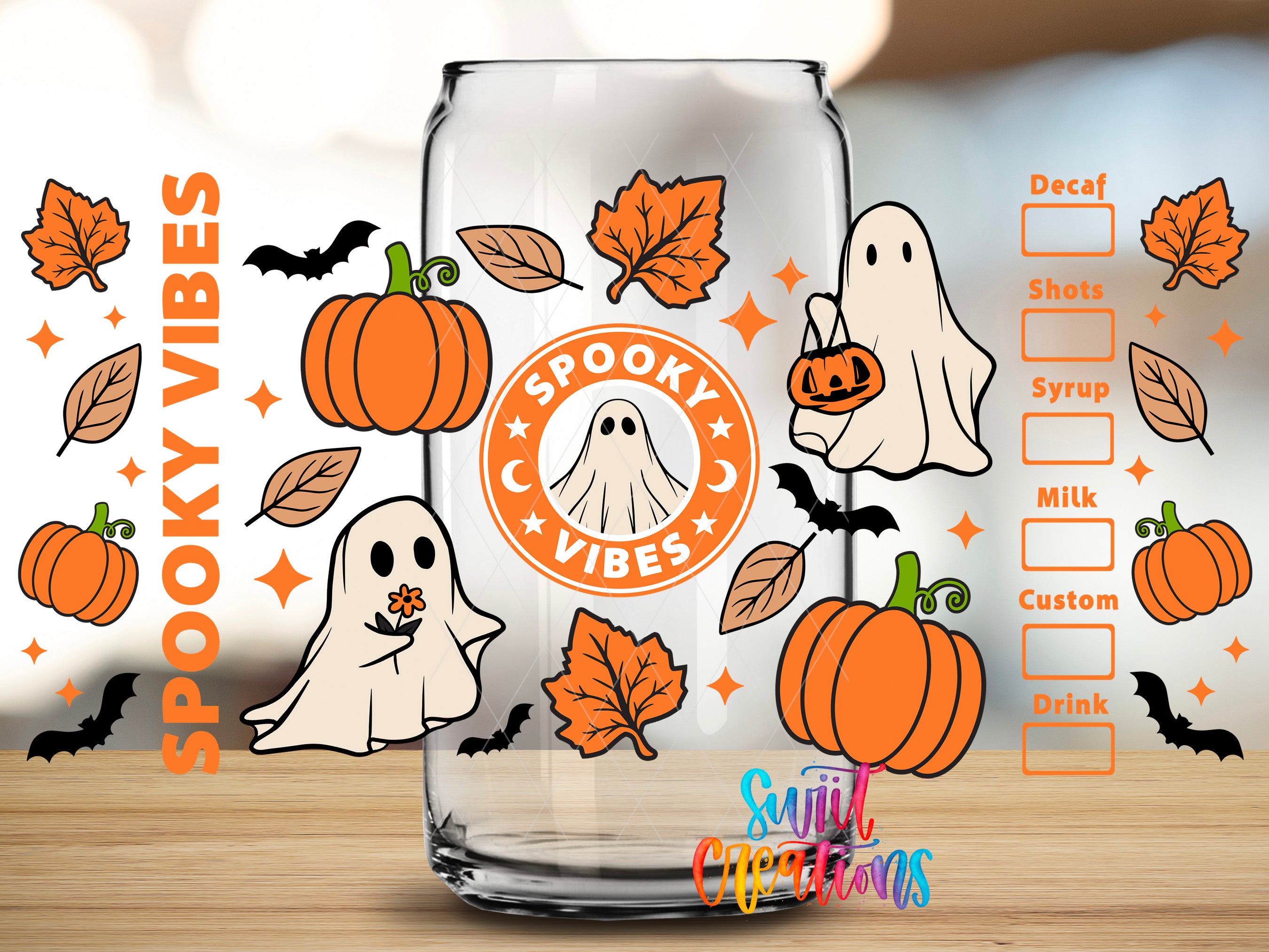 a glass can with a Halloween-themed design, including a ghost, pumpkins, and leaves. The can is surrounded by various Halloween-related elements such as bats, pumpkins, and a "Spooky VIBES" logo.