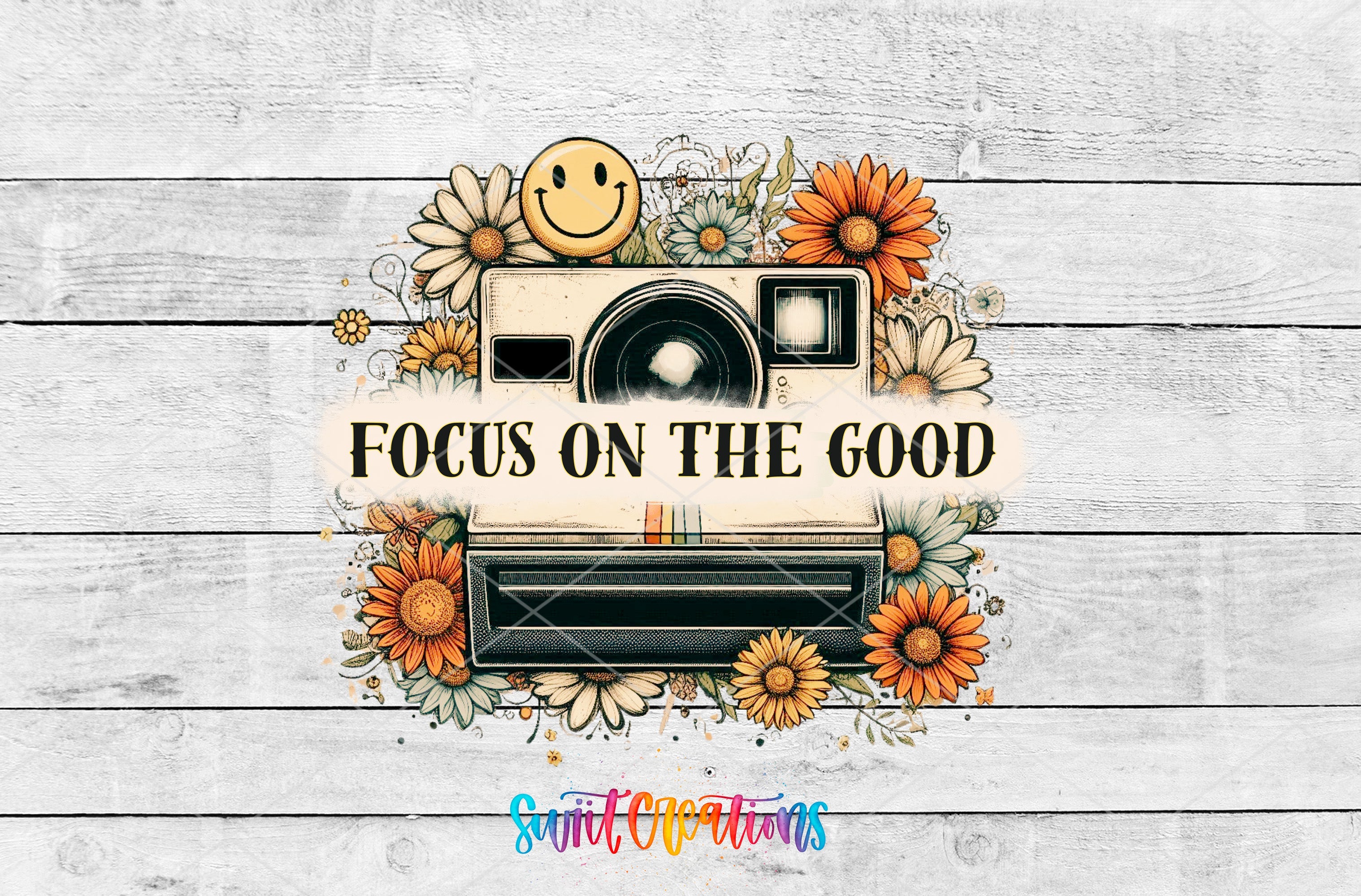 a camera with a smiley face and sunflowers around it