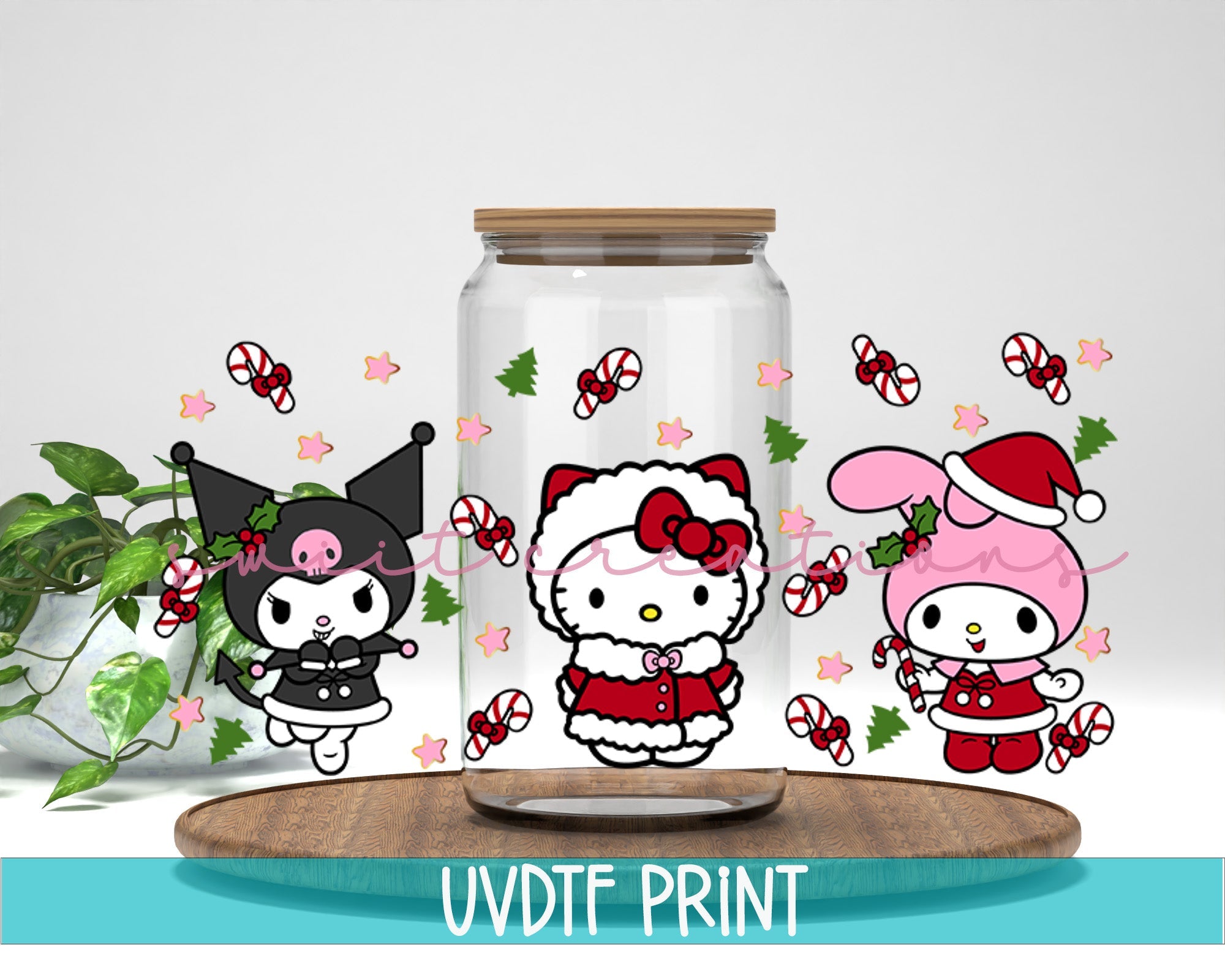 a glass jar with hello kitty stickers on it