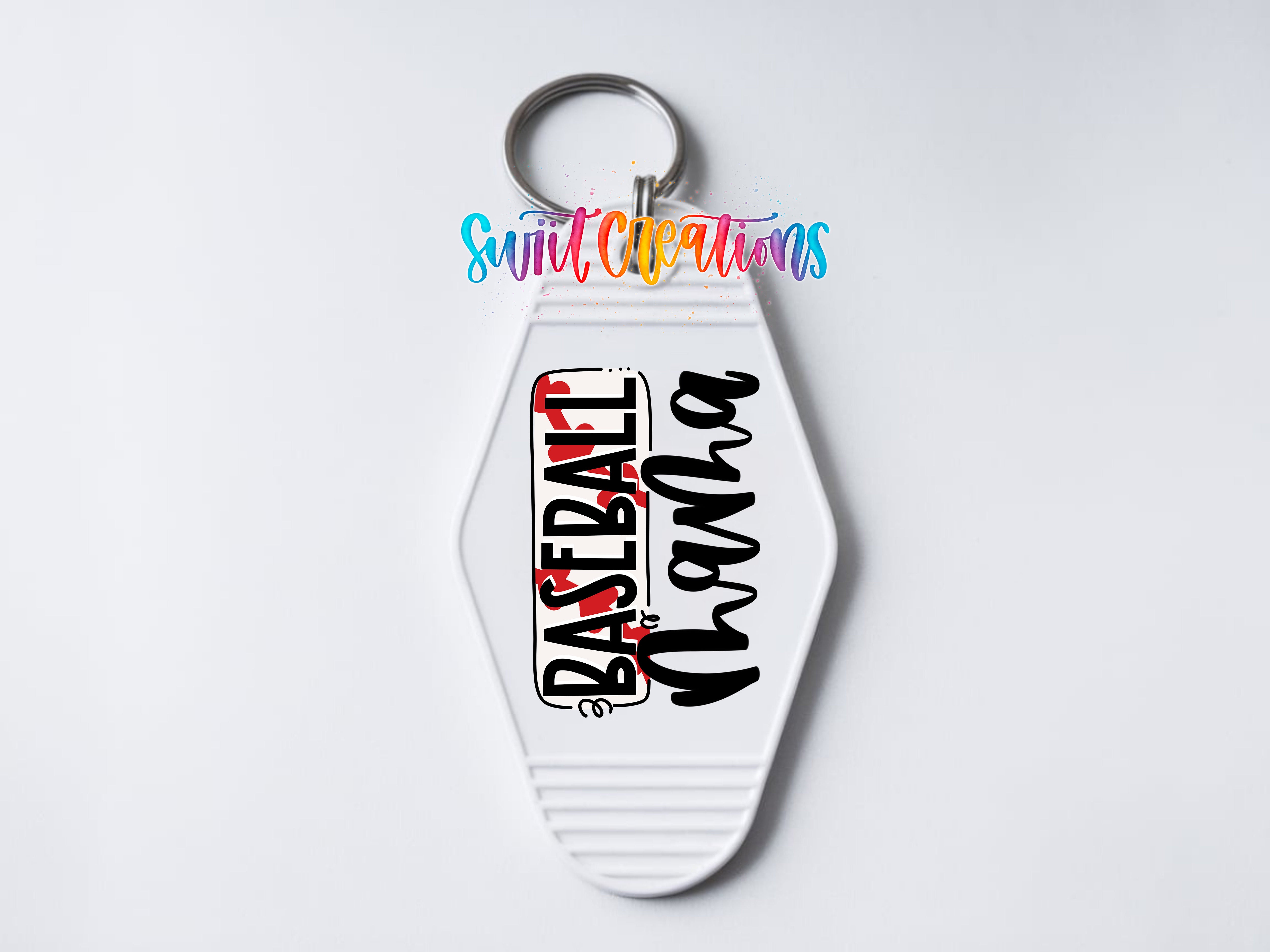 A keychain with the text "Baseball Mama" printed on it.
