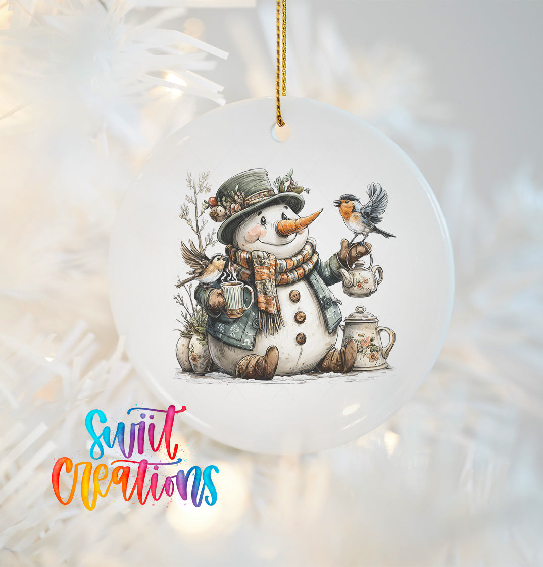 A snowman ornament with a bird perched on its shoulder, holding a teapot, and surrounded by various winter-themed elements such as a scarf, hat, and potted plants.