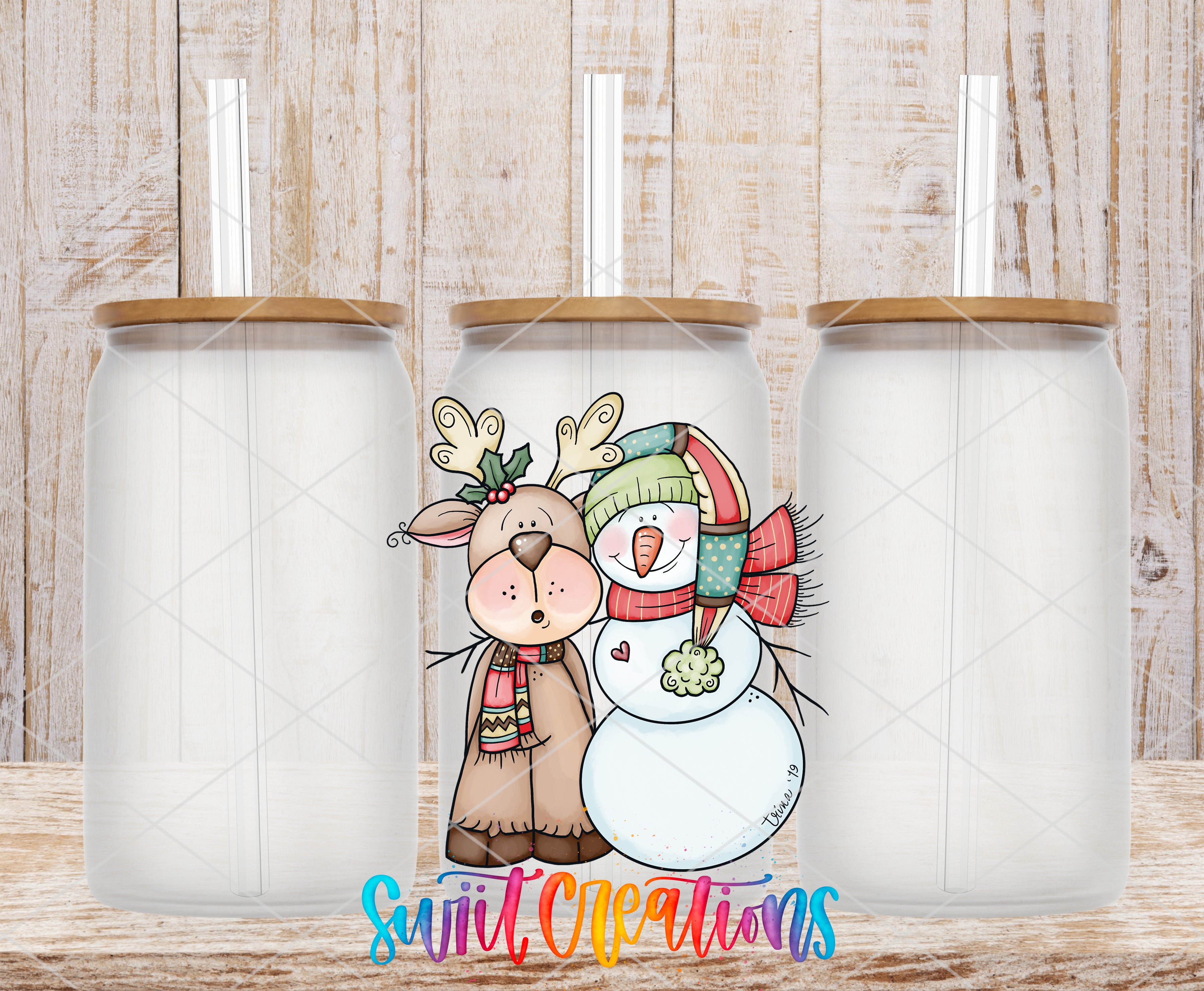 A collage of three glass jars with a winter-themed illustration of a reindeer and a snowman on the front.