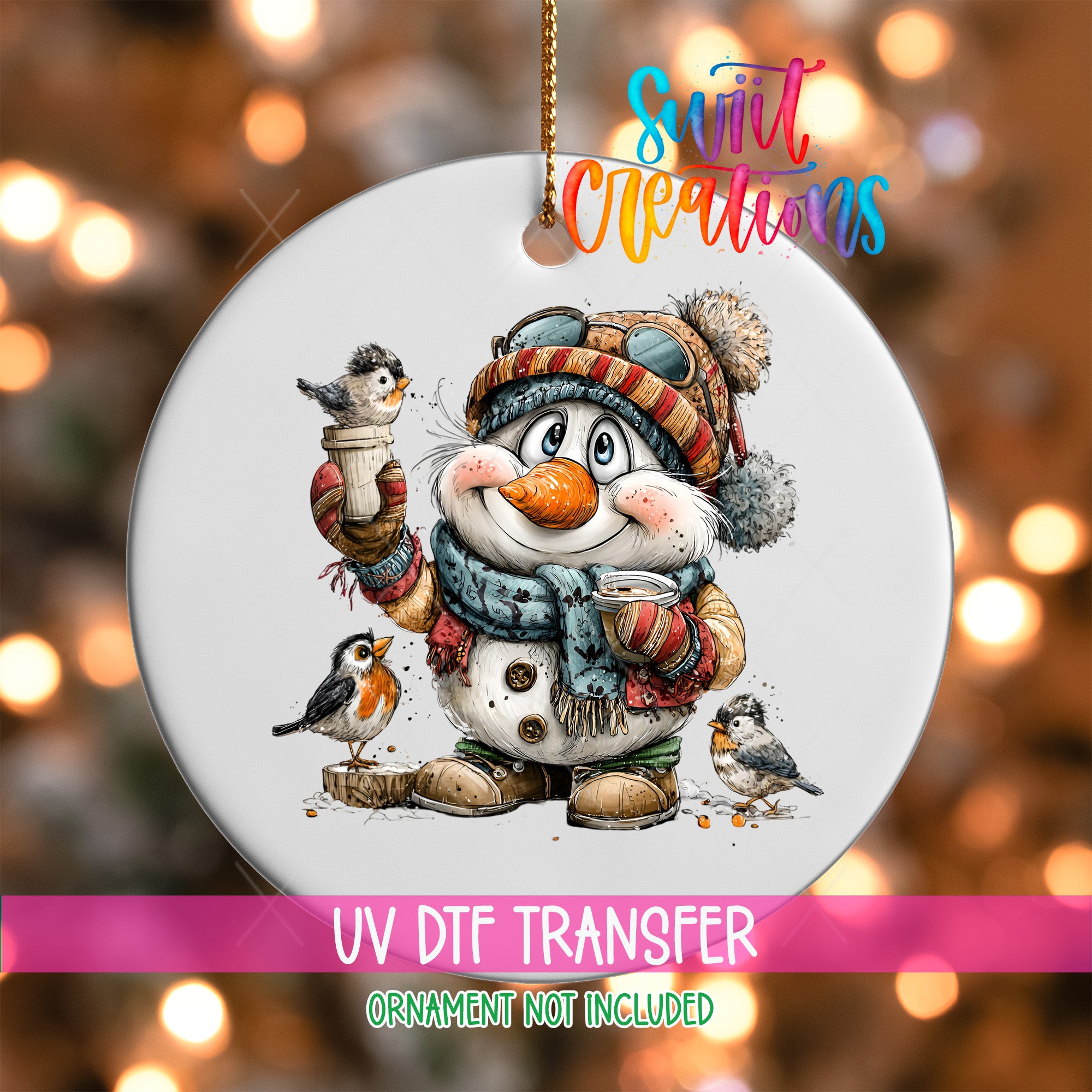 A snowman ornament with a bird perched on its shoulder, wearing a hat and scarf, and holding a cup.