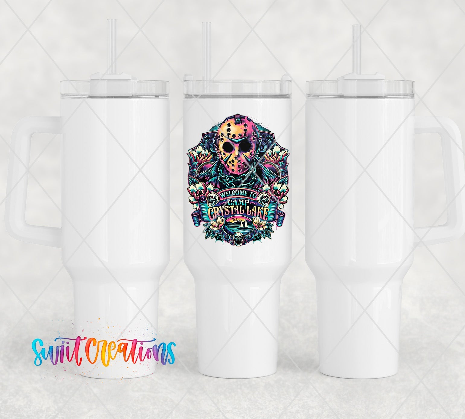 a pair of white tumblers with a colorful skull on them