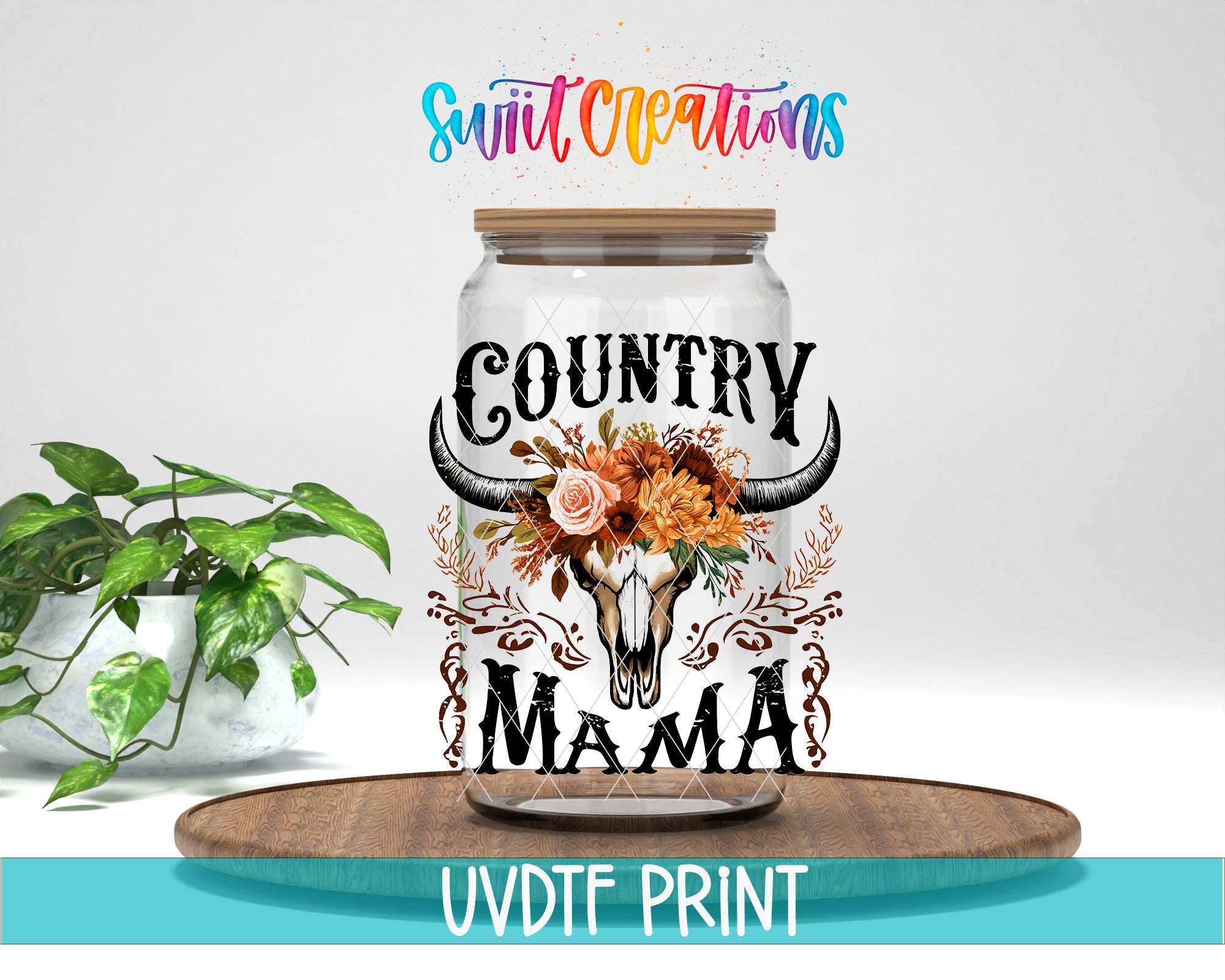 a glass jar with a floral design and the text "Country Mama" printed on it, placed on a wooden surface.