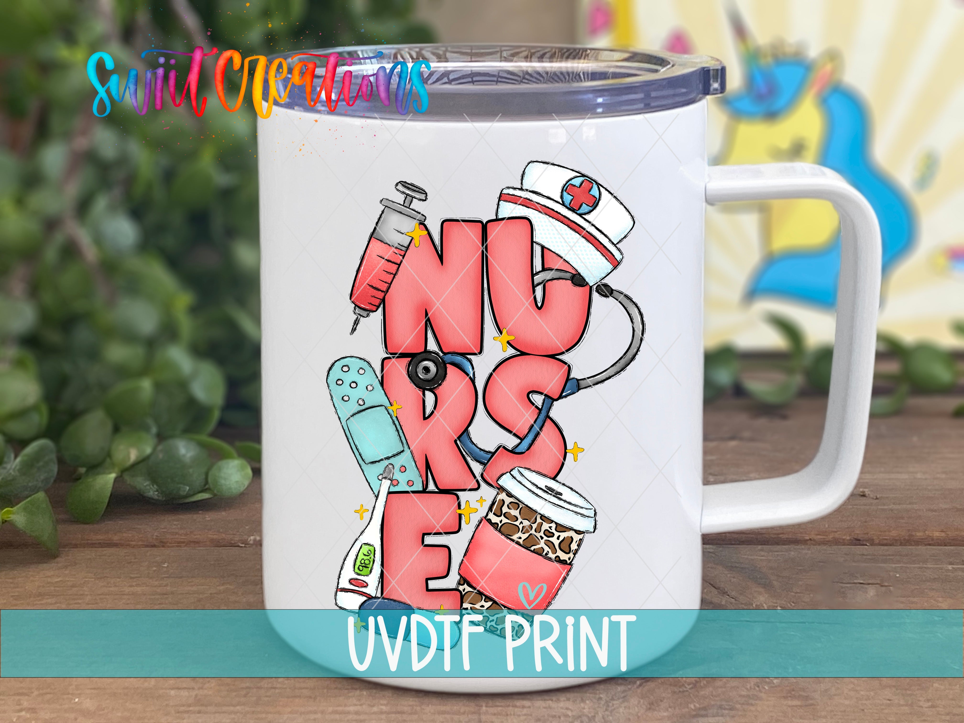 a white coffee mug with the word nurse on it