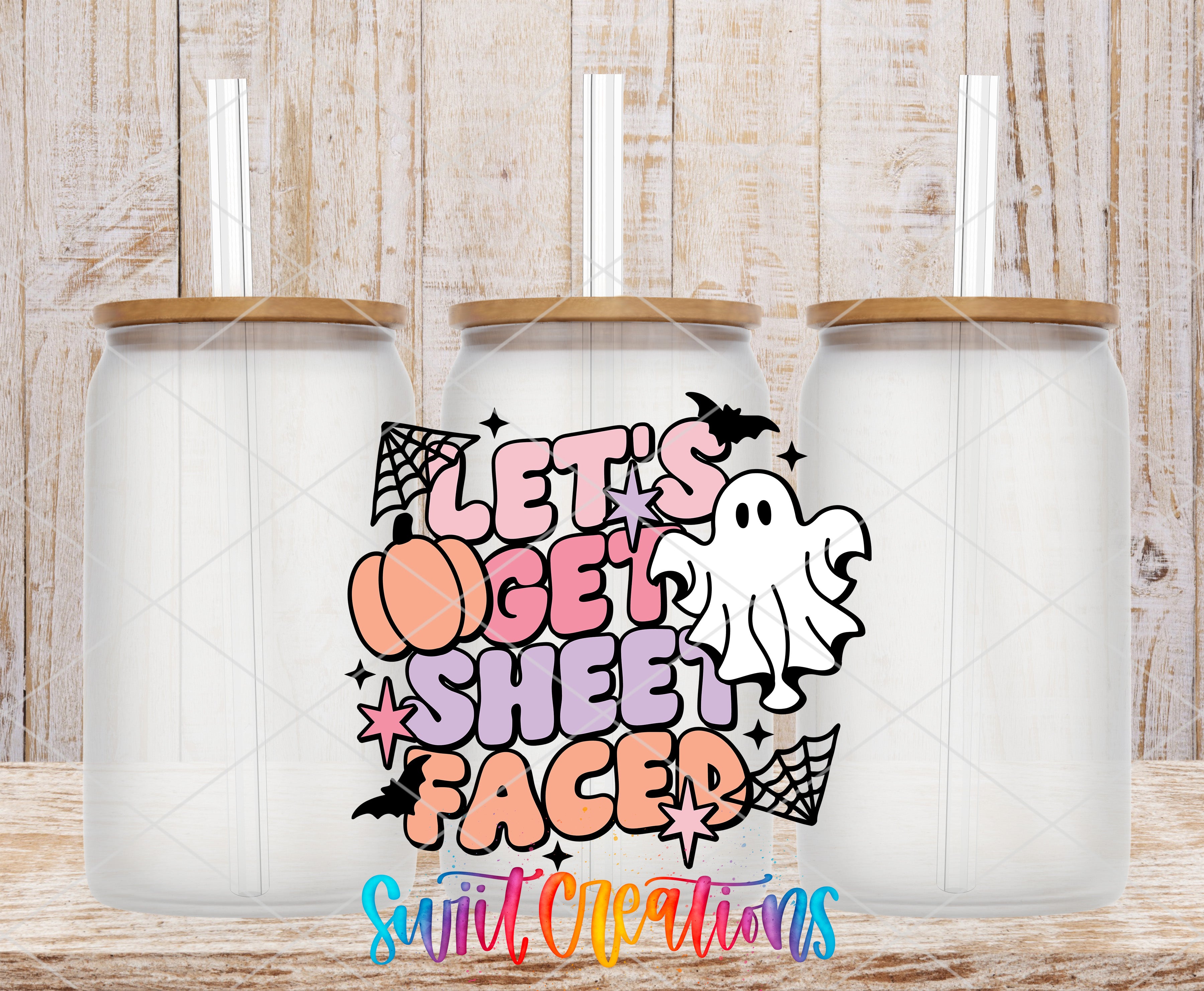 three clear glass jars with lids, each containing a straw. The jars are arranged in a row, and there is a colorful graphic design on the front of each jar that includes a ghost and the text "Let's get sheet faced".