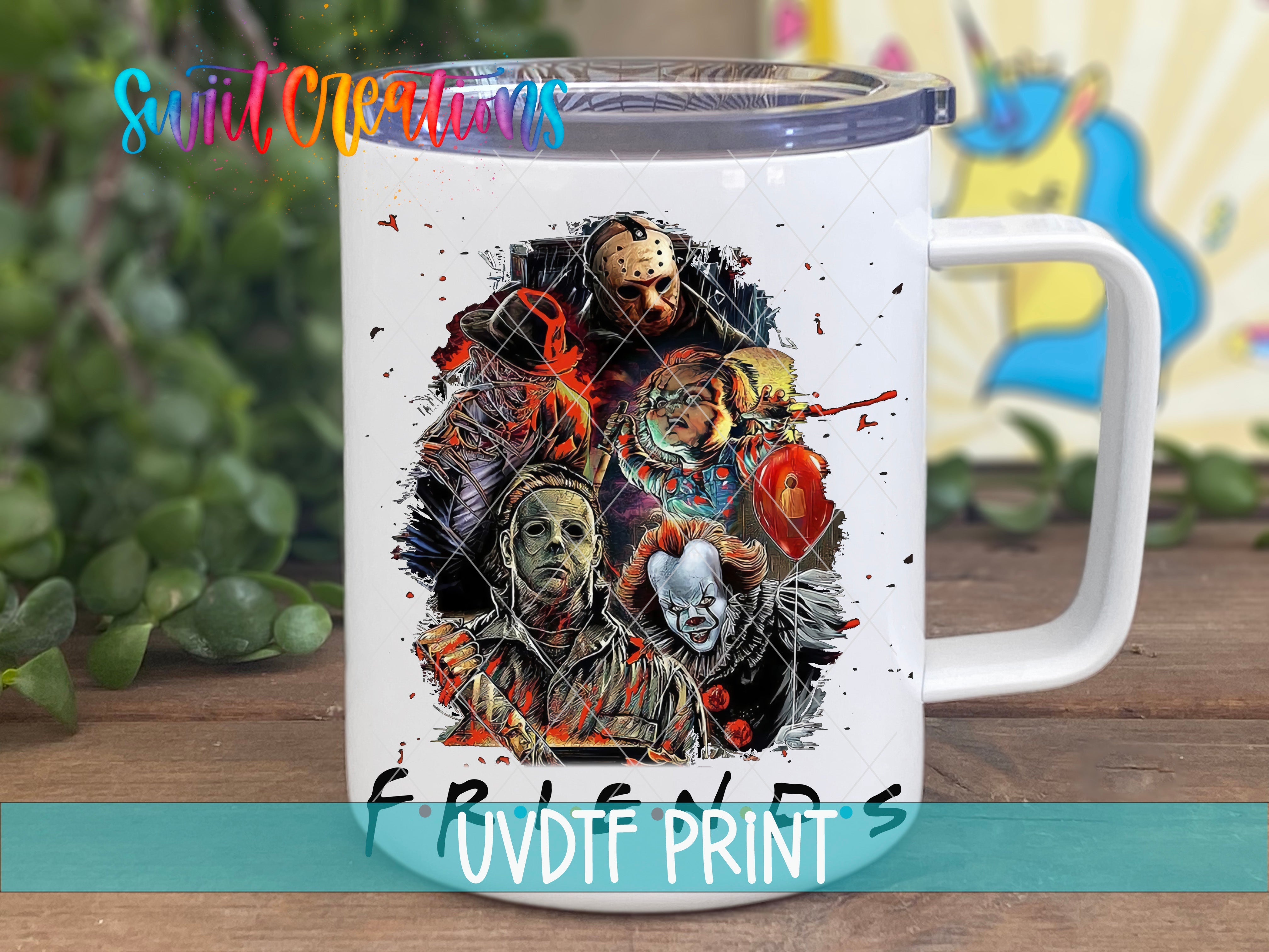 a white coffee mug with a picture of a group of people on it