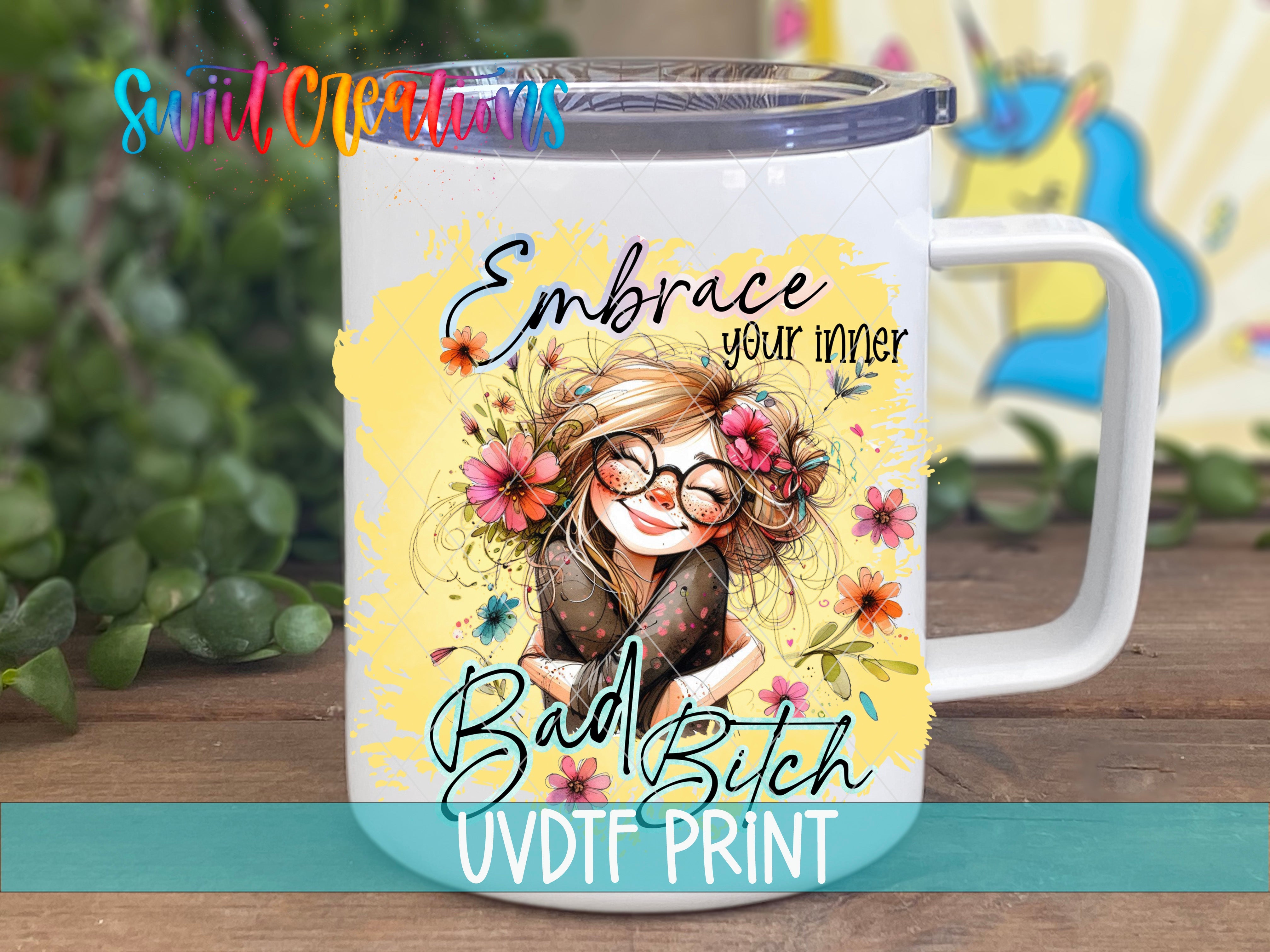 a white coffee mug with a picture of a girl on it