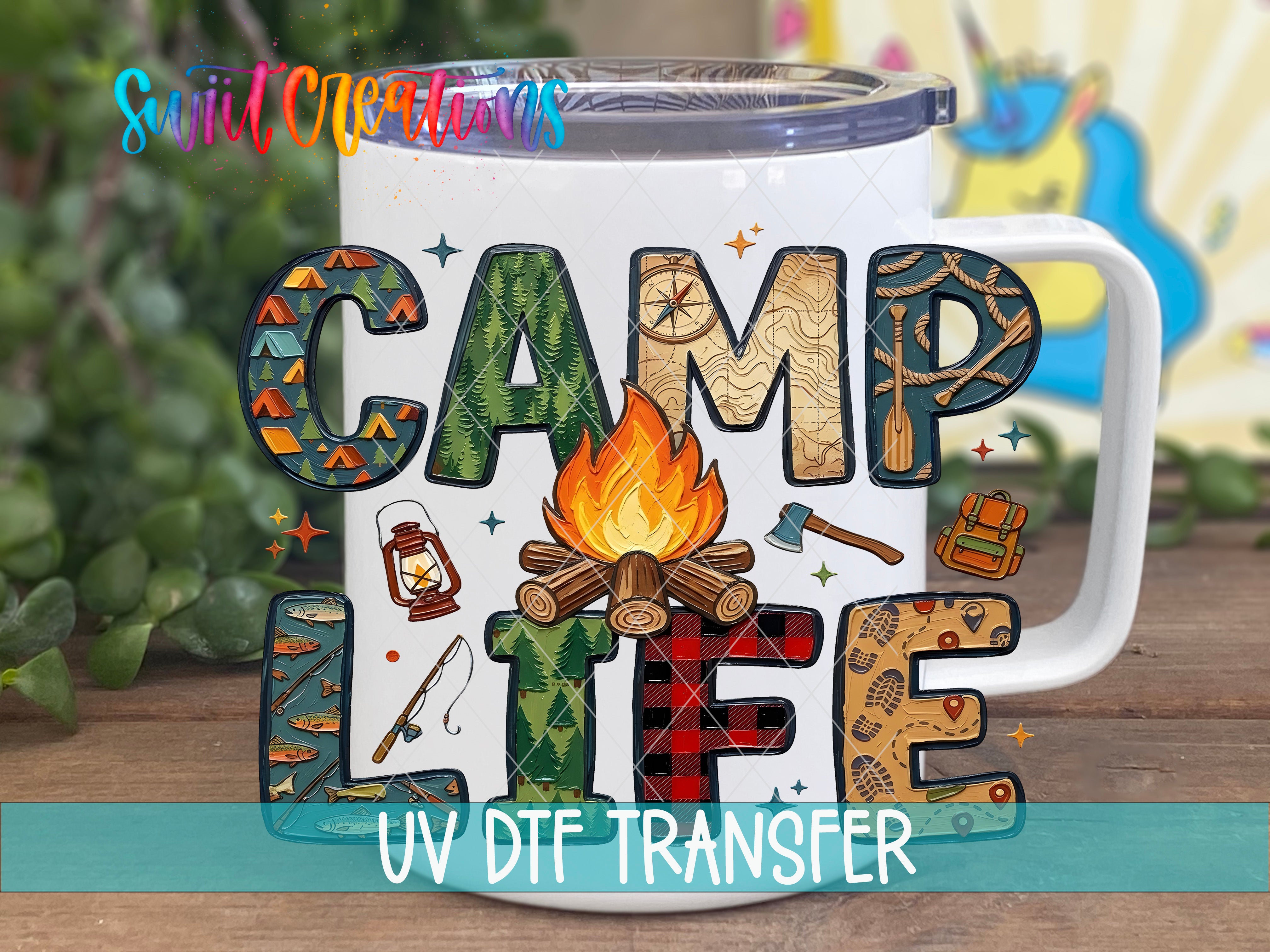 A white mug with the text "CAMP LIFE" printed on it, surrounded by various camping-related icons and illustrations.