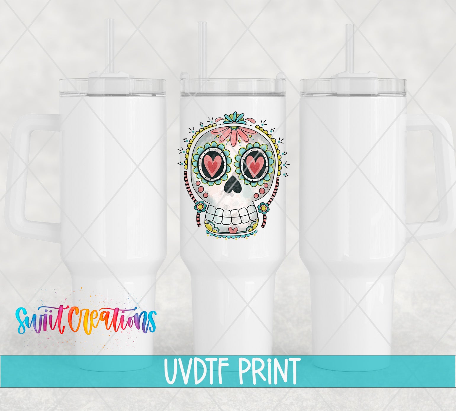 three white ceramic tumblers with a colorful skull design on the front.