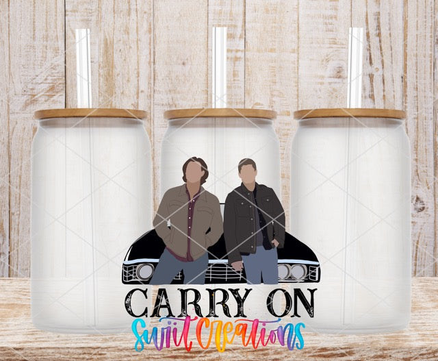 two men sitting on top of a car with the words carry on