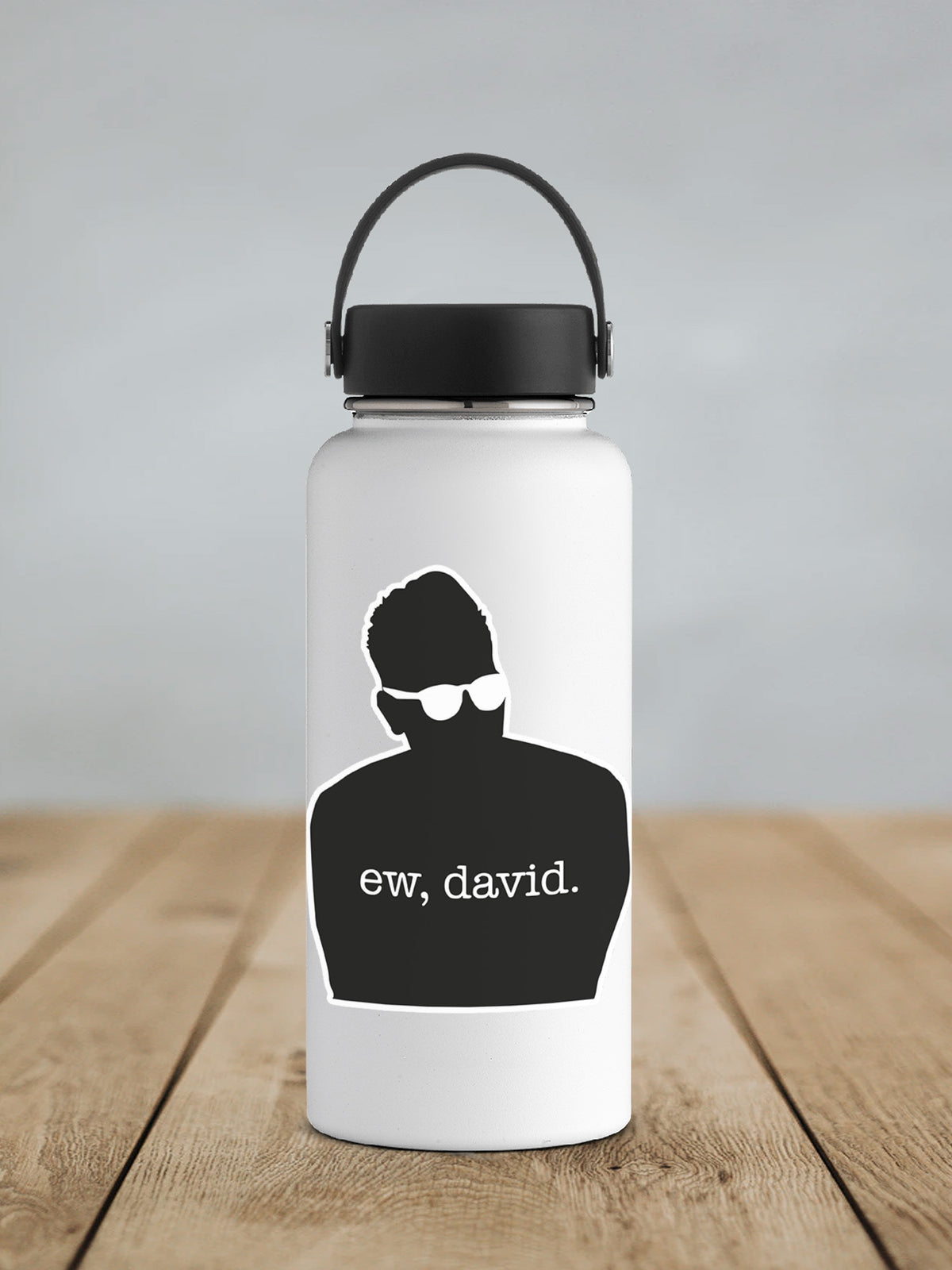 Ew David Silhouette sticker on a white insulated water bottle
