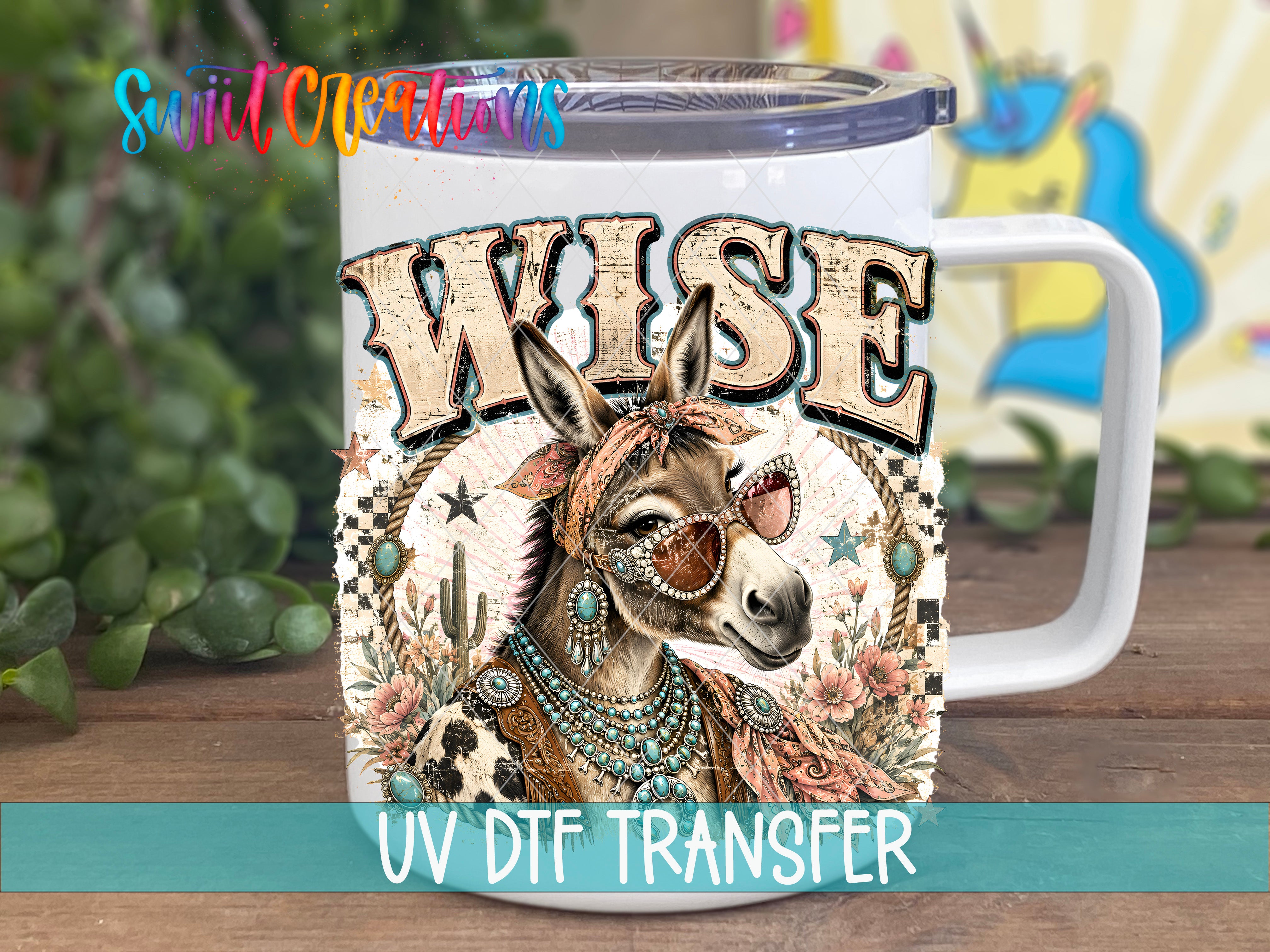 A mug with a donkey wearing sunglasses and jewelry, surrounded by flowers and other decorative elements.