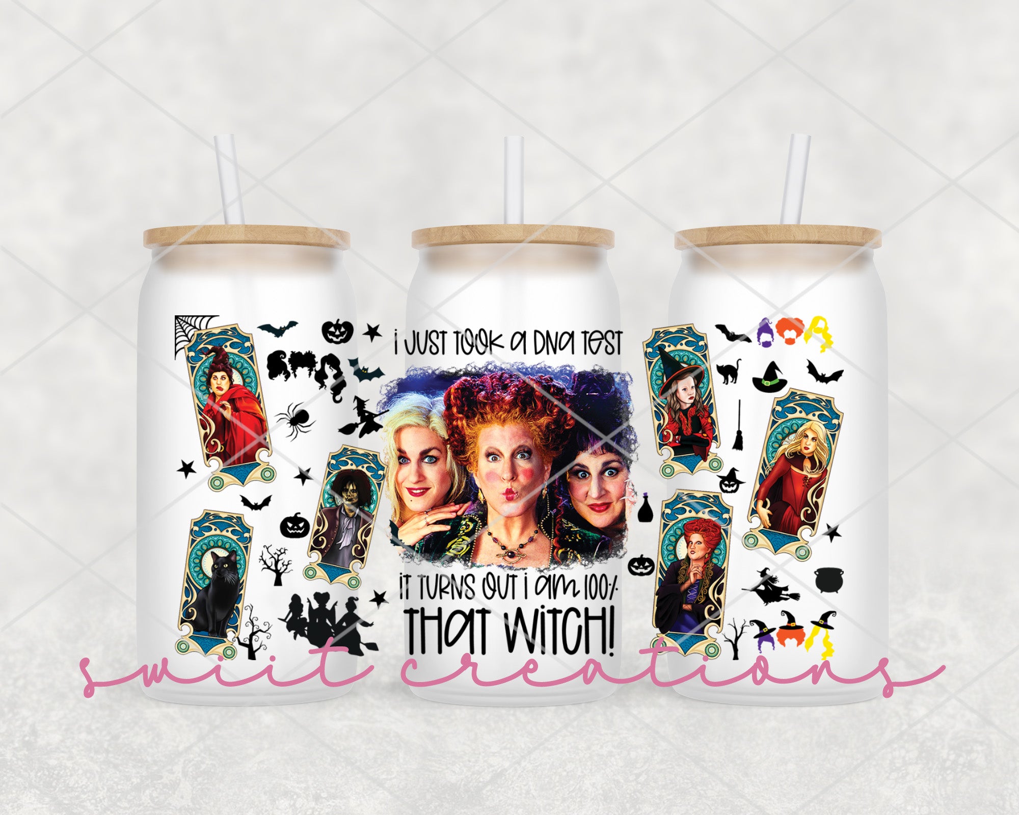 a couple of white cups with pictures on them