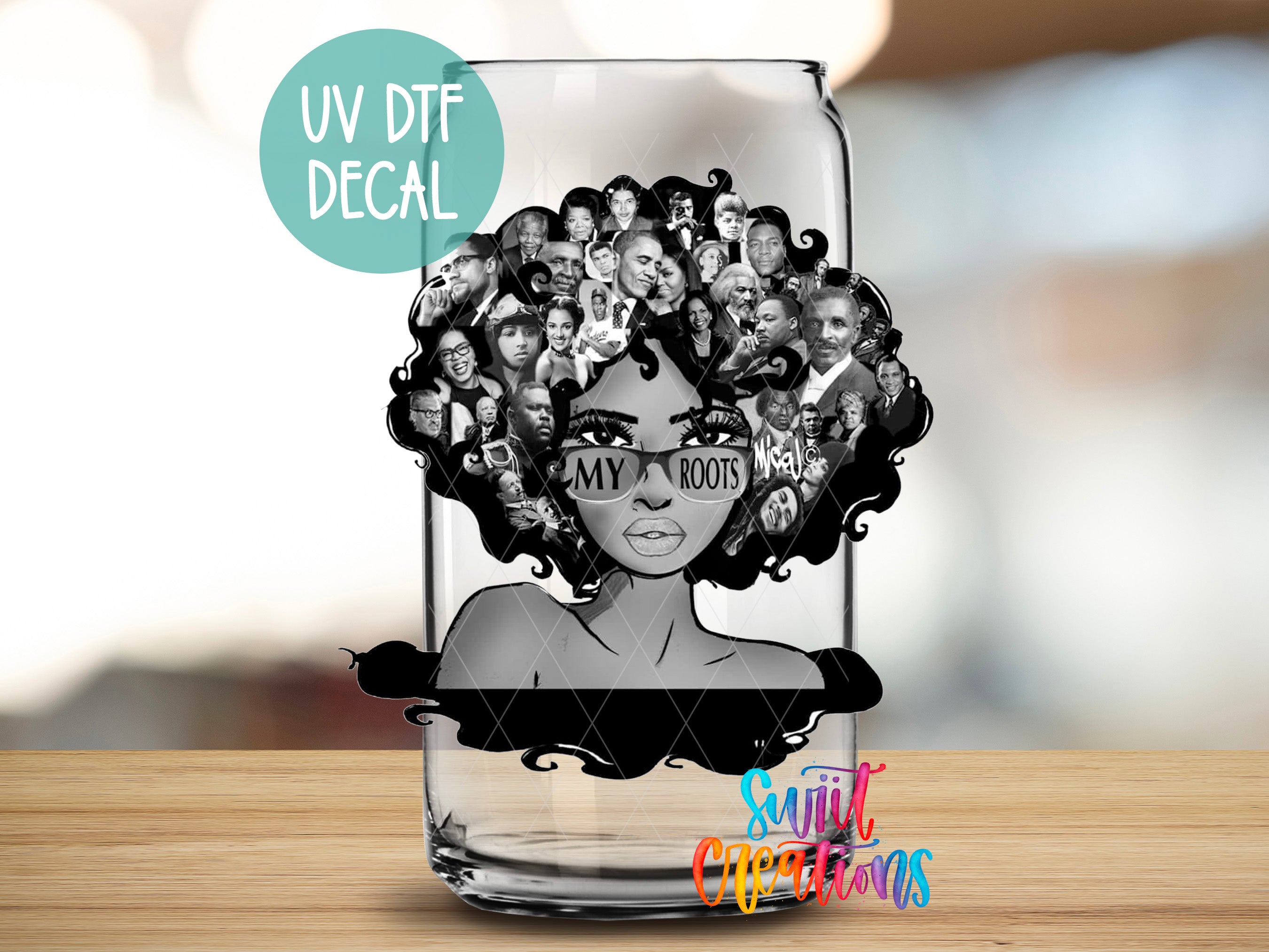 a glass with a picture of a woman's face on it