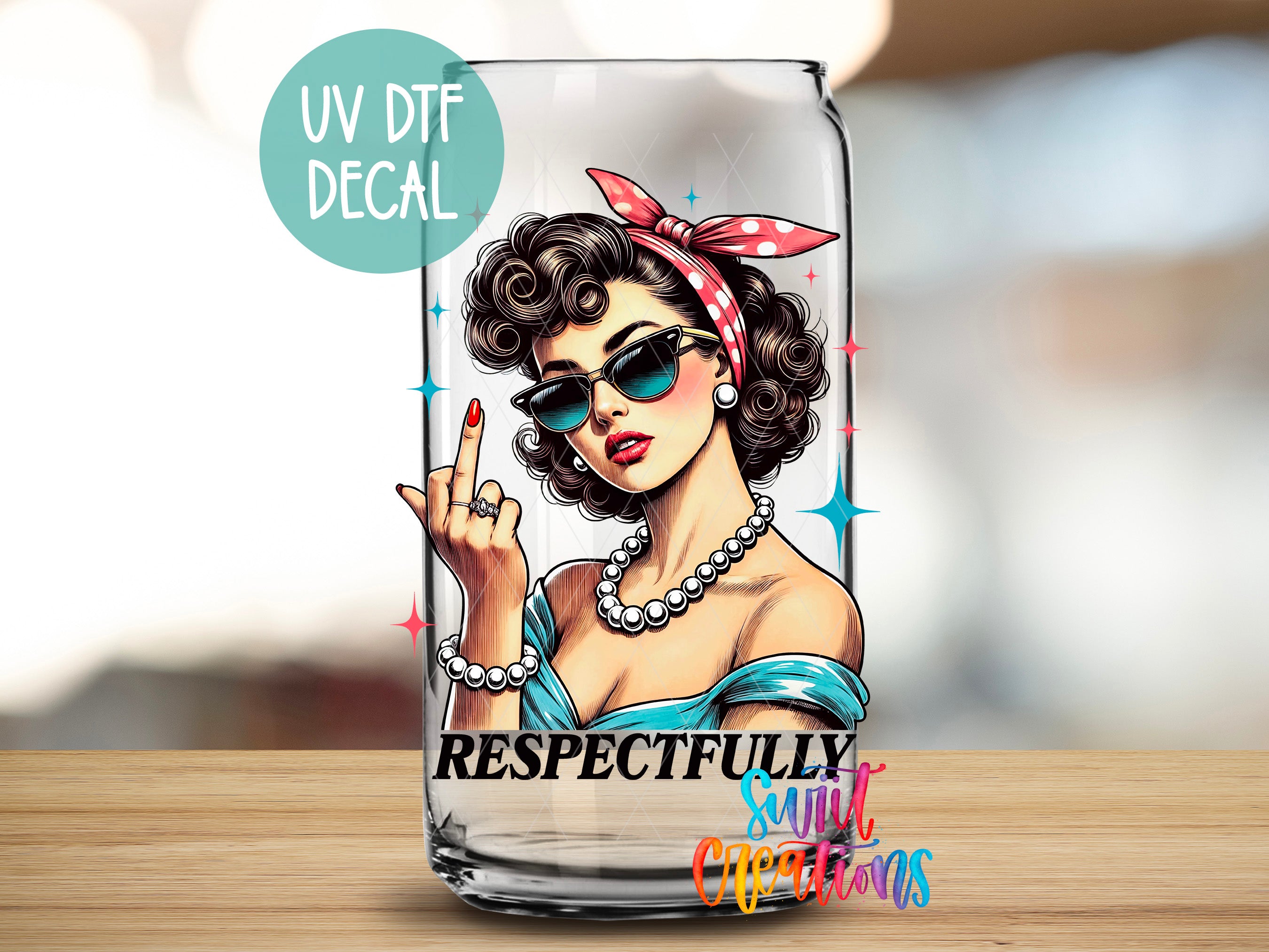 a glass with a picture of a woman holding a peace sign