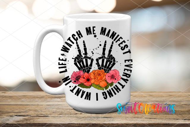 a white coffee mug with a hand print on it