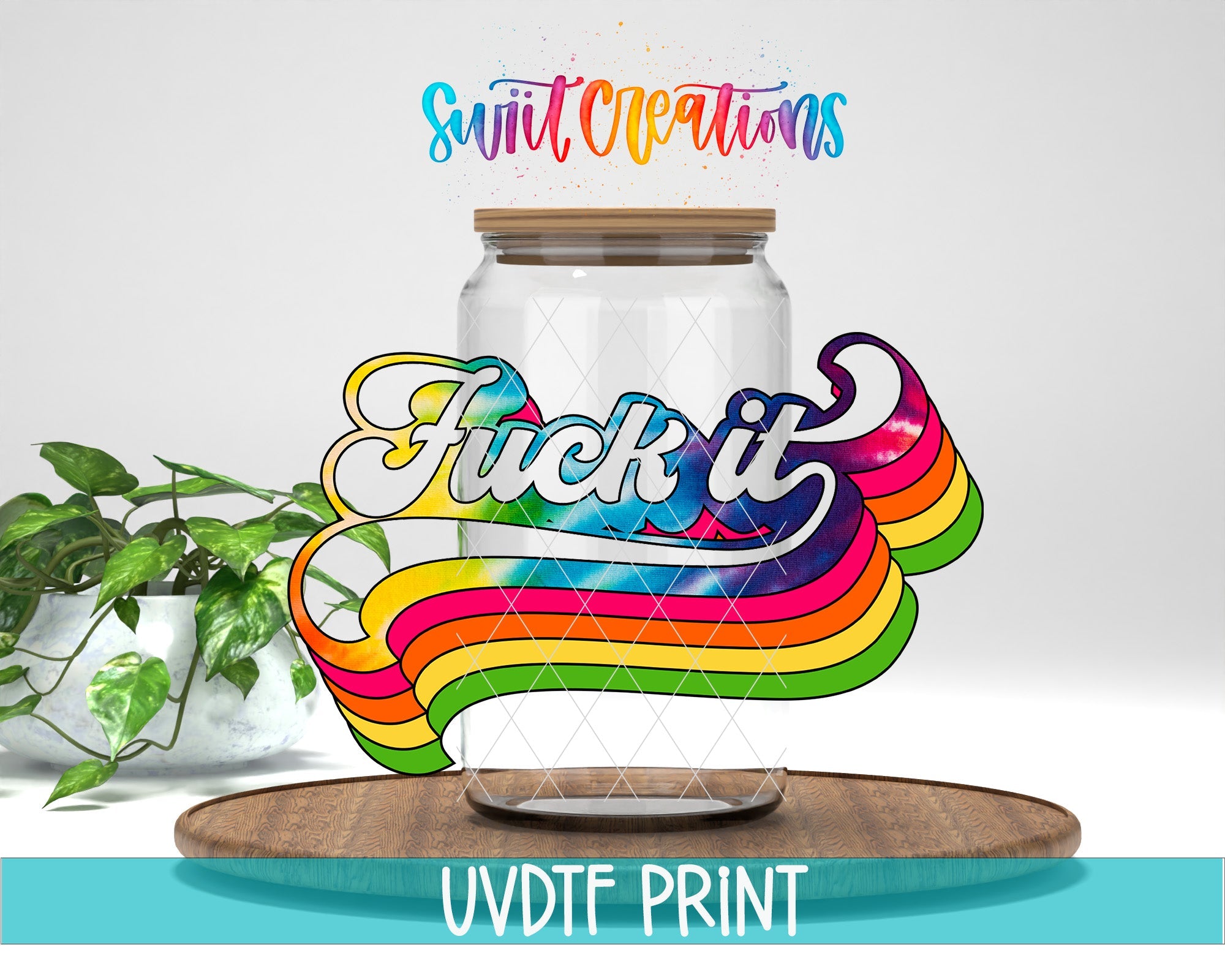 a jar filled with a rainbow colored liquid sitting on top of a wooden table