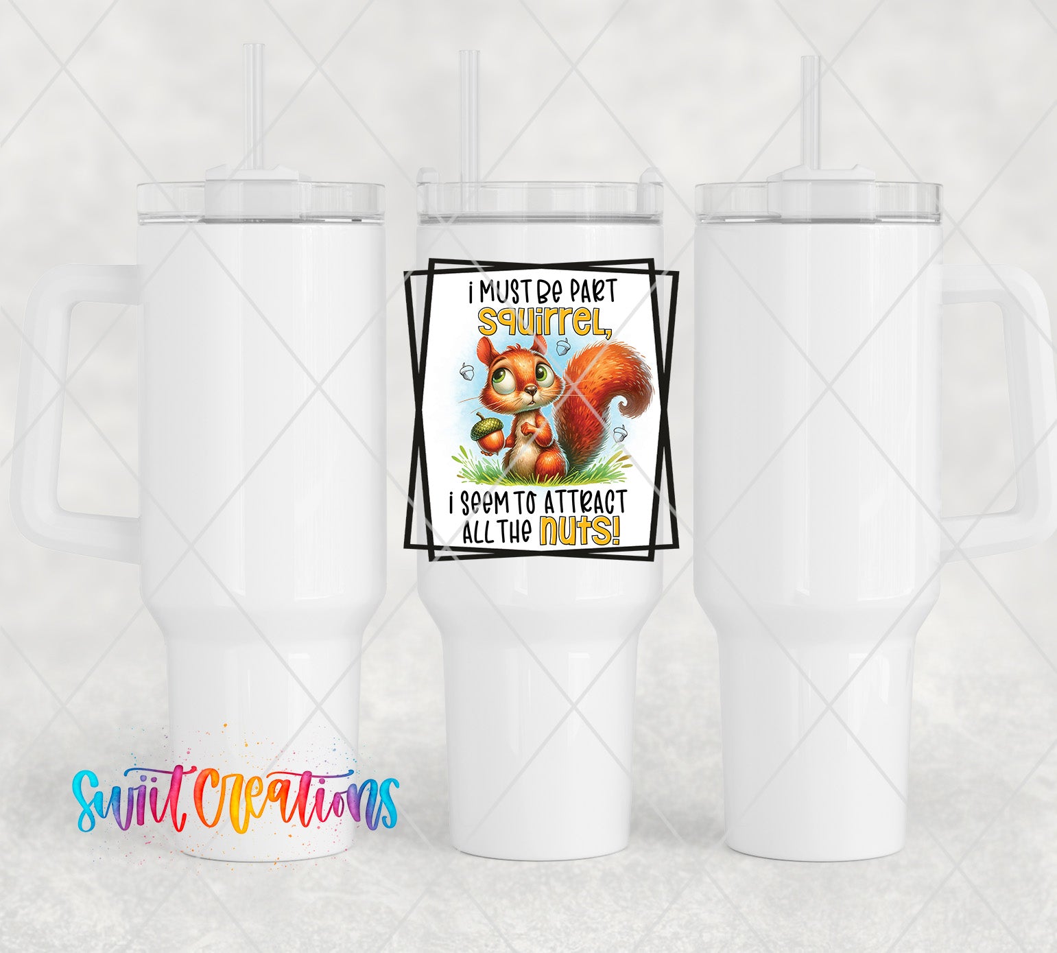 a white tumbler cup with a picture of a squirrel on it