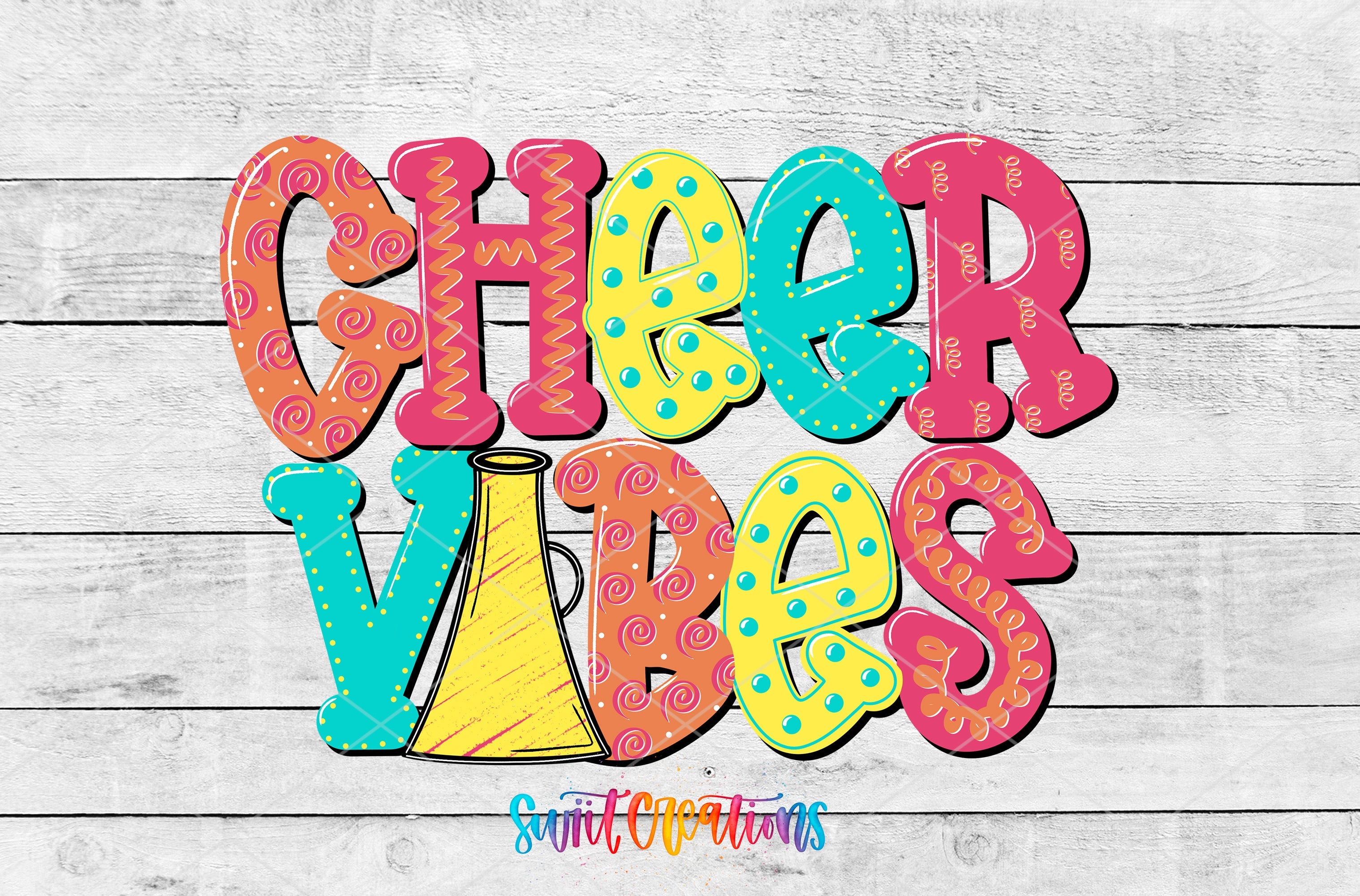 the word cheer vibes is painted in bright colors