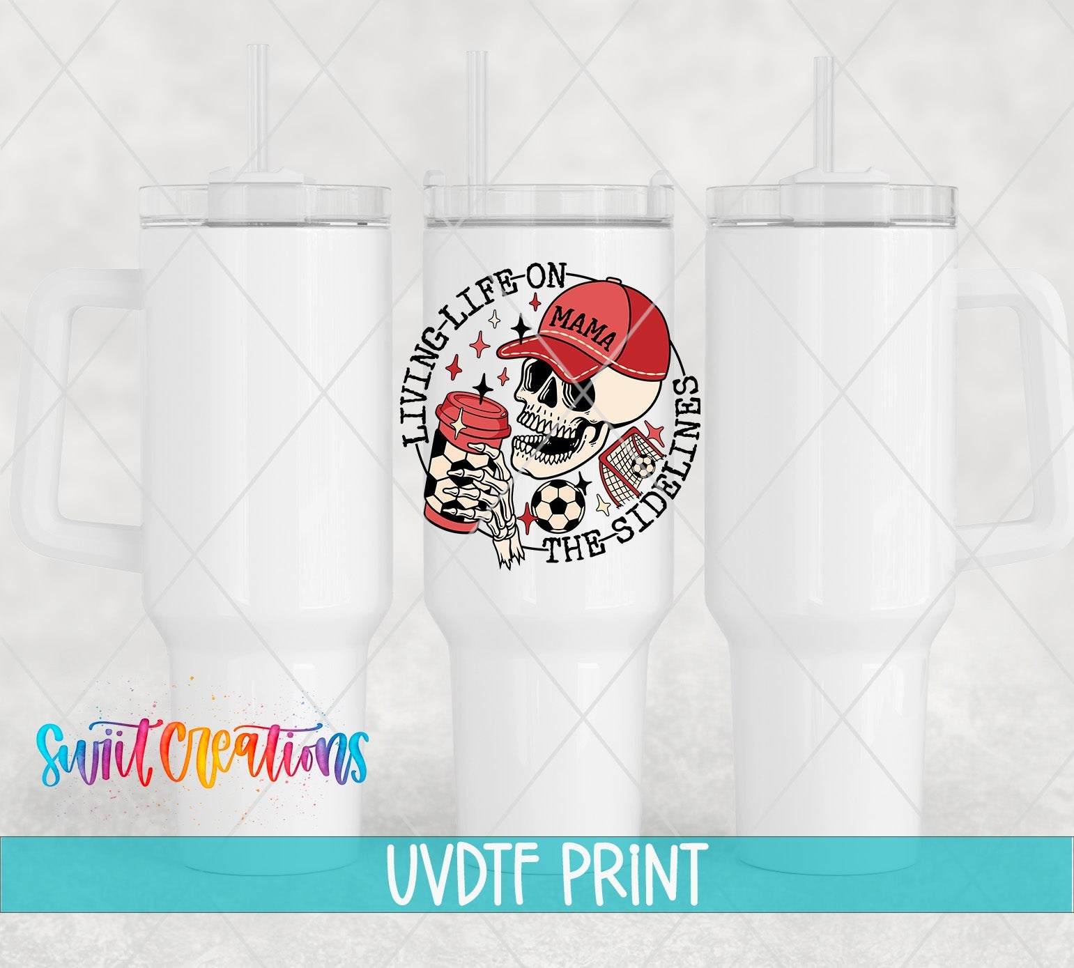 three white tumblers with a skull and a baseball cap on them