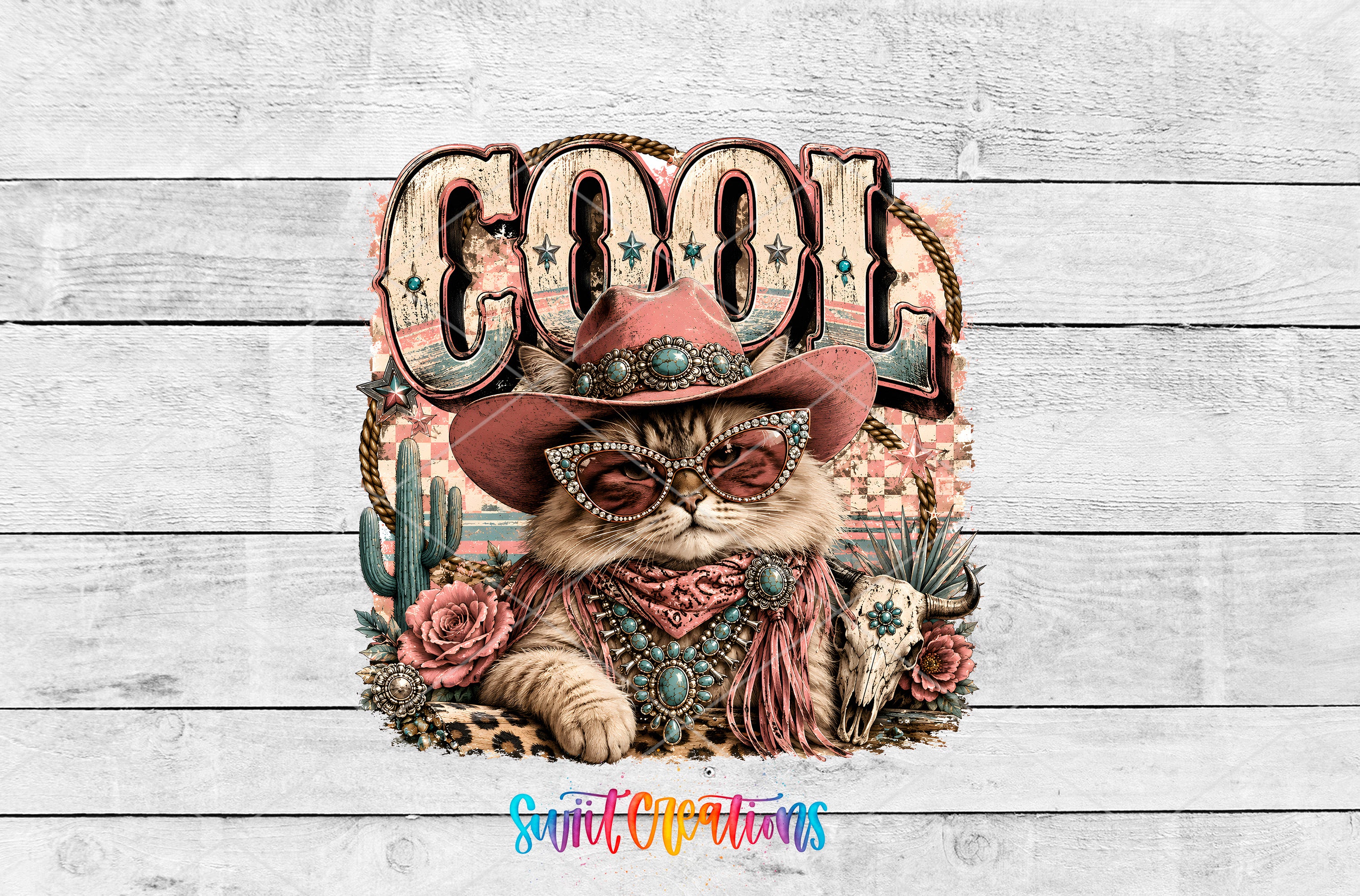 A cat wearing a cowboy hat and sunglasses, surrounded by various western-themed elements such as a cactus, flowers, and a skull.