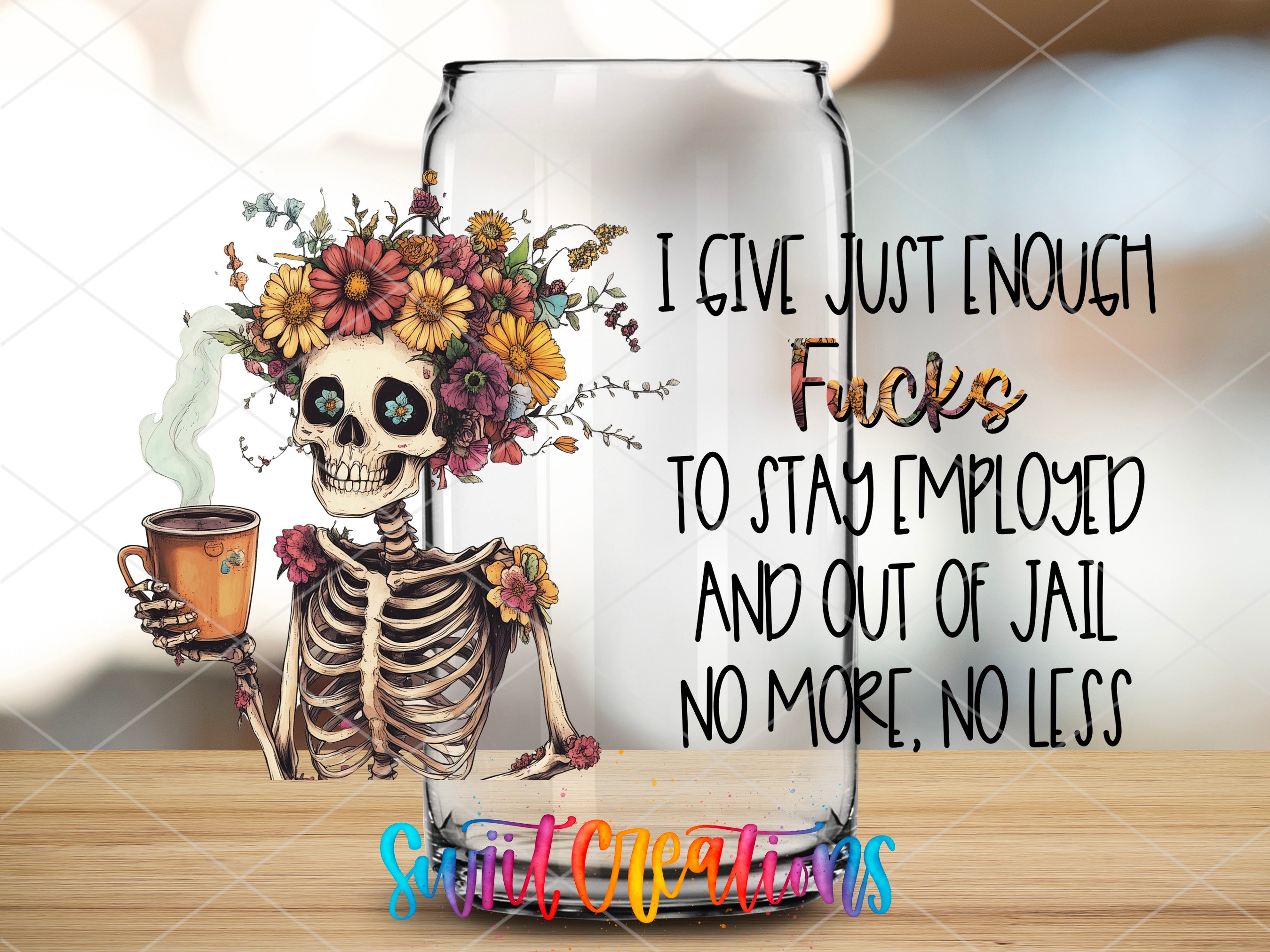 a glass with a skeleton holding a cup of coffee