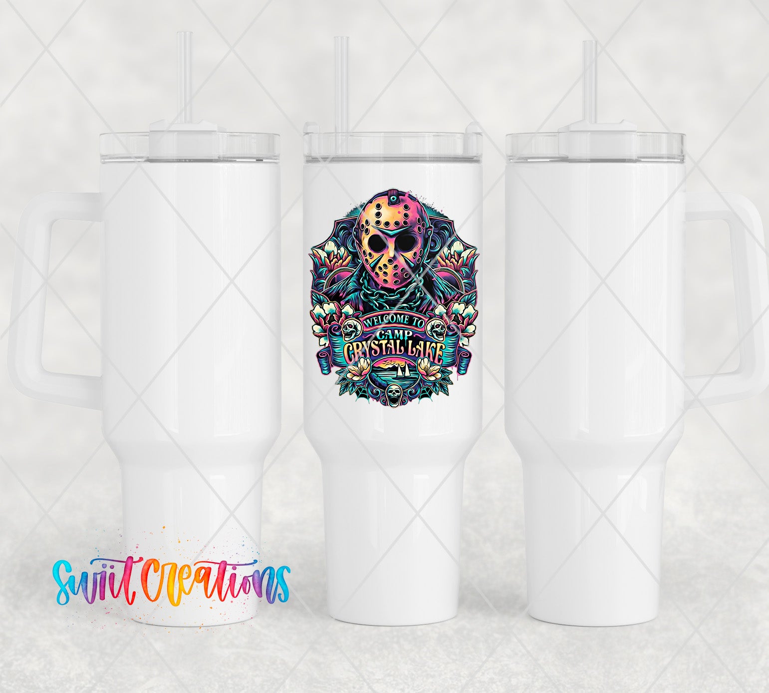 a pair of white tumblers with a colorful skull on them