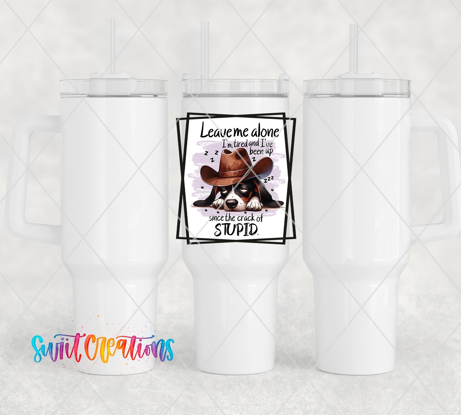 a white travel mug with a picture of a cowboy's hat on it