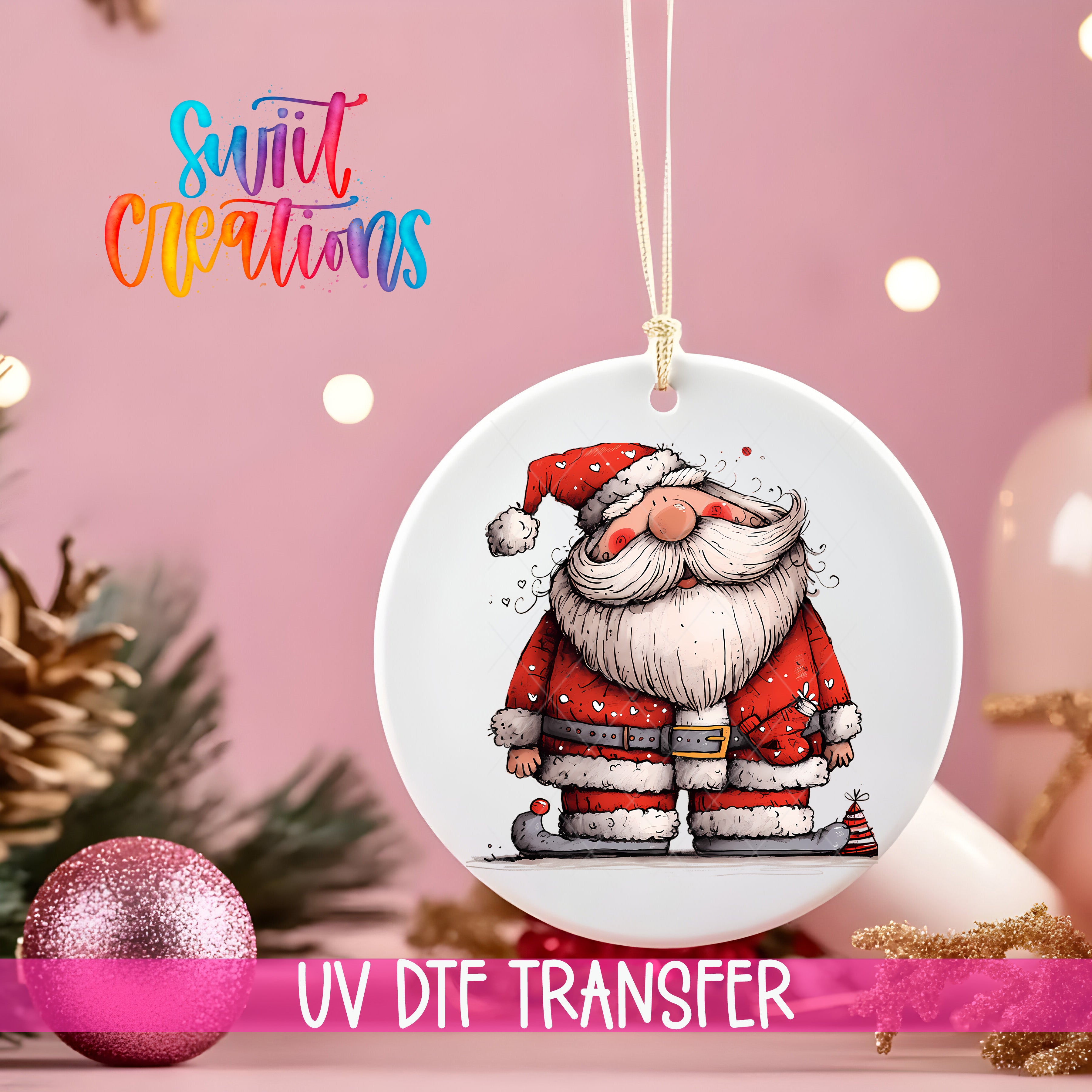 A white ornament with a Santa Claus illustration is hanging on a string, with a pink background and Christmas decorations in the background.