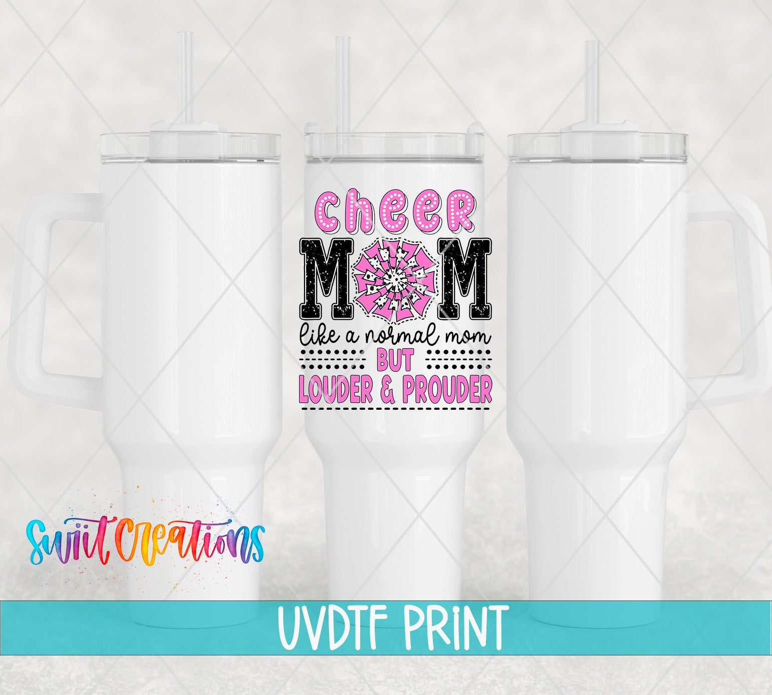 a white cup with a printed design on it, which includes text and a decorative element.