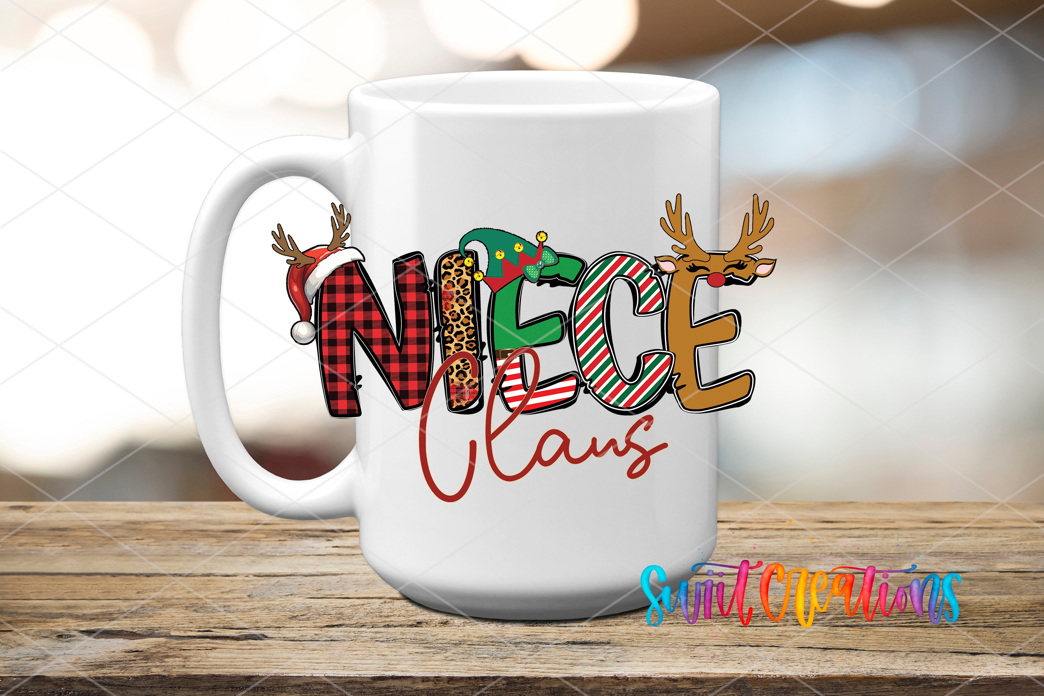A white mug with the word "Niece" written on it in a stylized font, along with decorative elements such as reindeer and snowflakes.